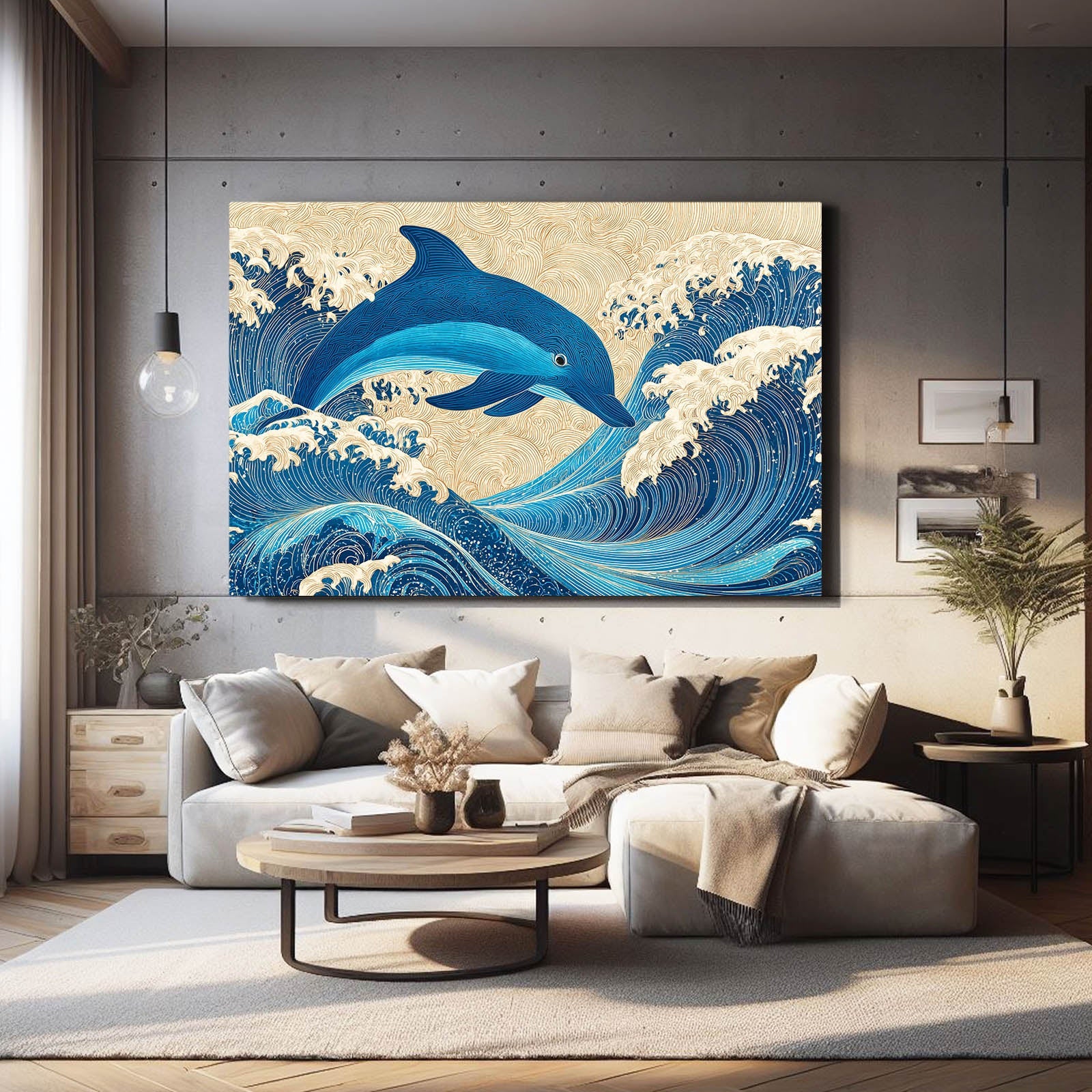 Indigo Wave Dolphin Art – styled in a furnished interior