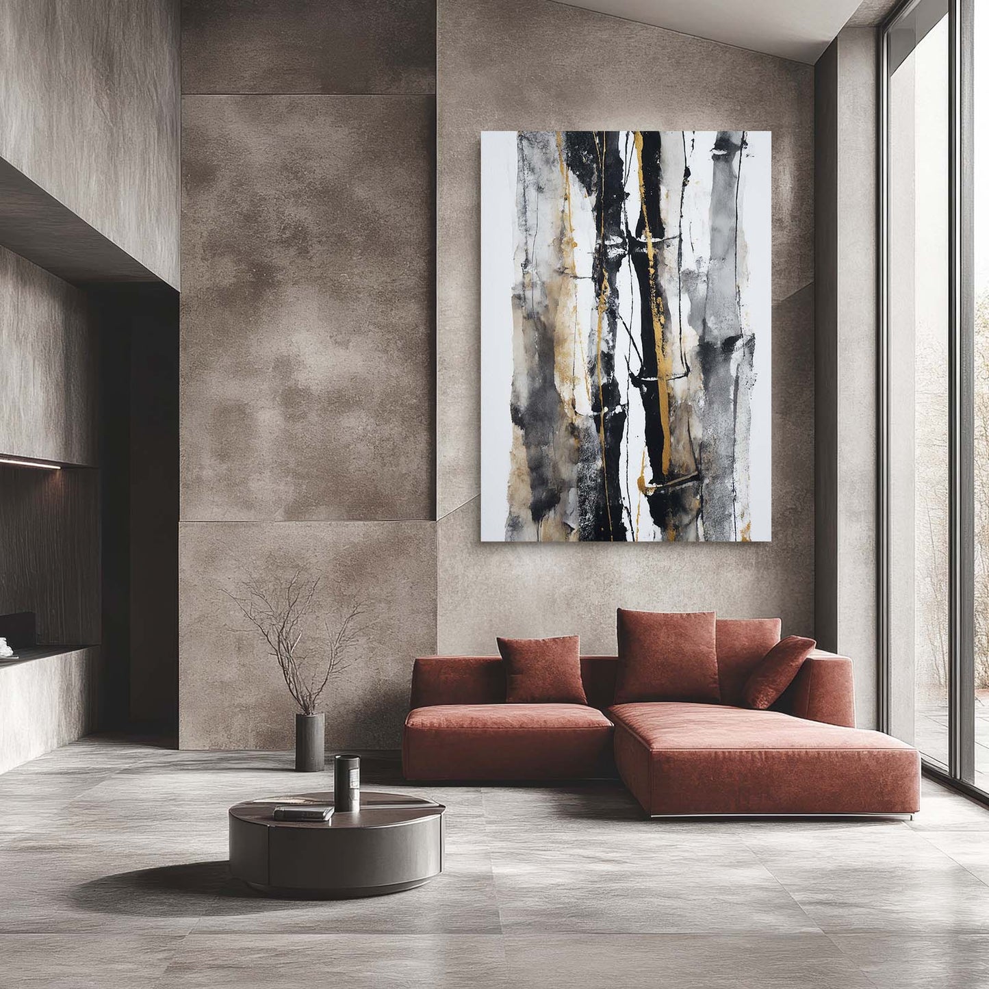 Ink Bamboo Stalks Gold Canvas Art – styled in a furnished interior