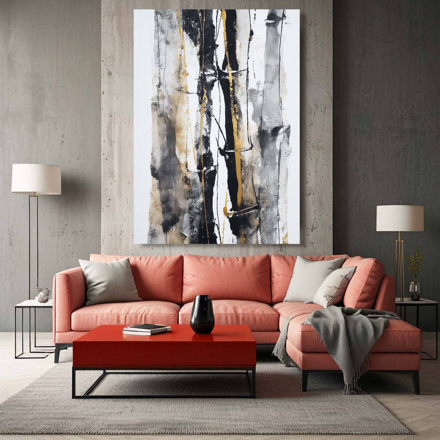 Ink Bamboo Stalks Gold Canvas Art – styled in a furnished interior