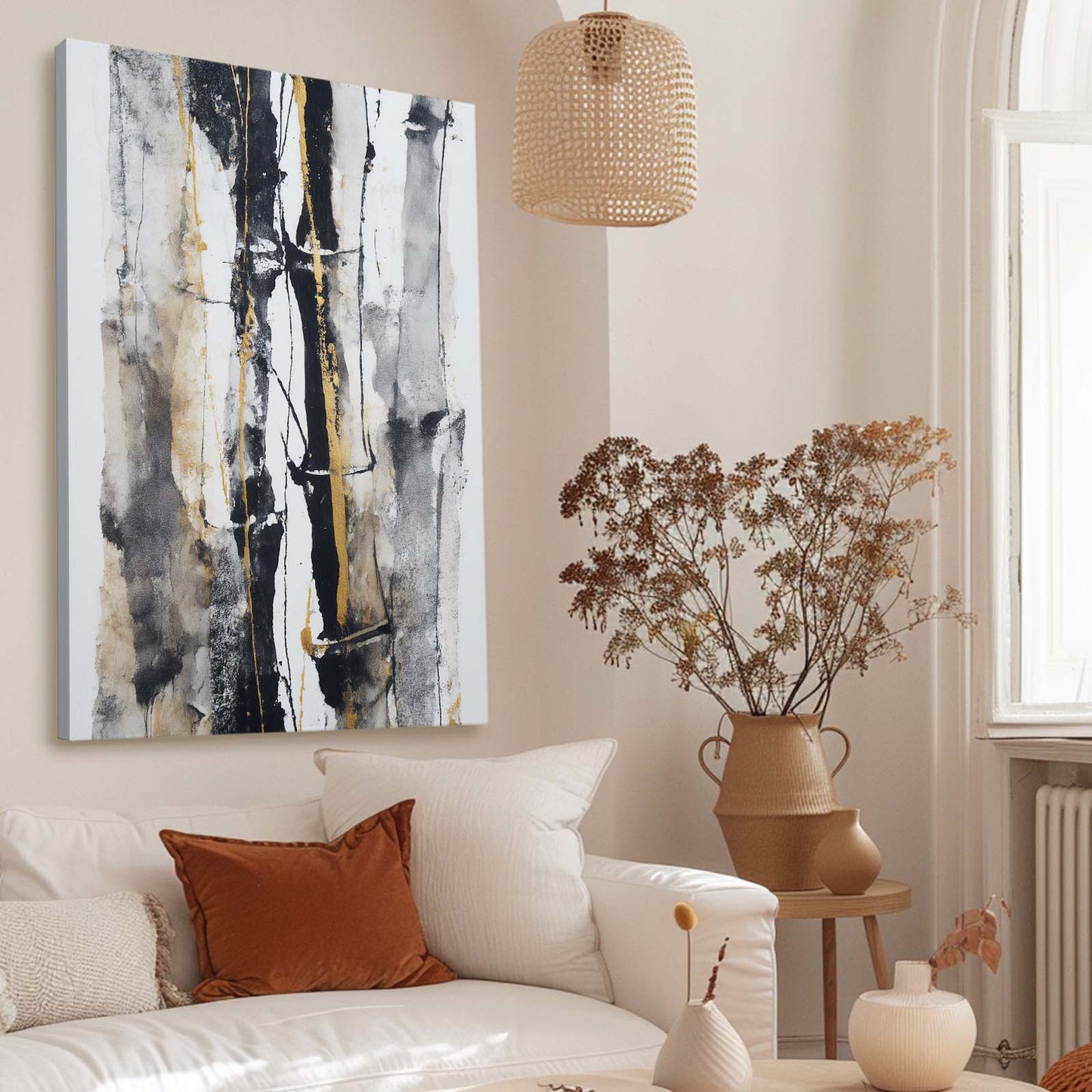 Ink Bamboo Stalks Gold Canvas Art – styled in a furnished interior