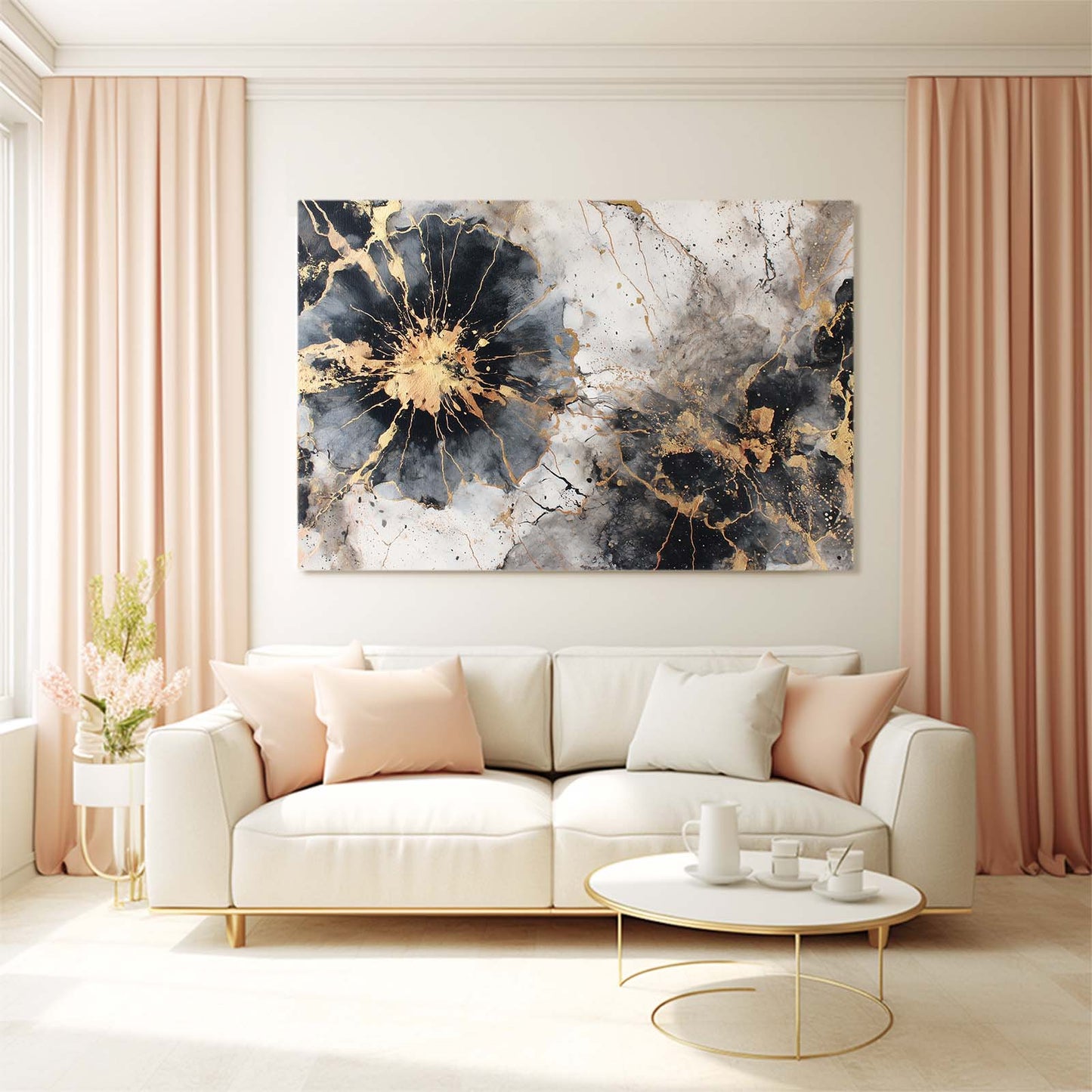 Ink Bloom Frost Gold Canvas – styled in a furnished interior