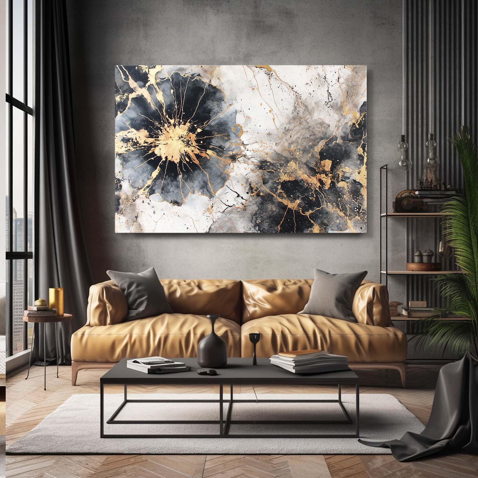 Ink Bloom Frost Gold Canvas – styled in a furnished interior