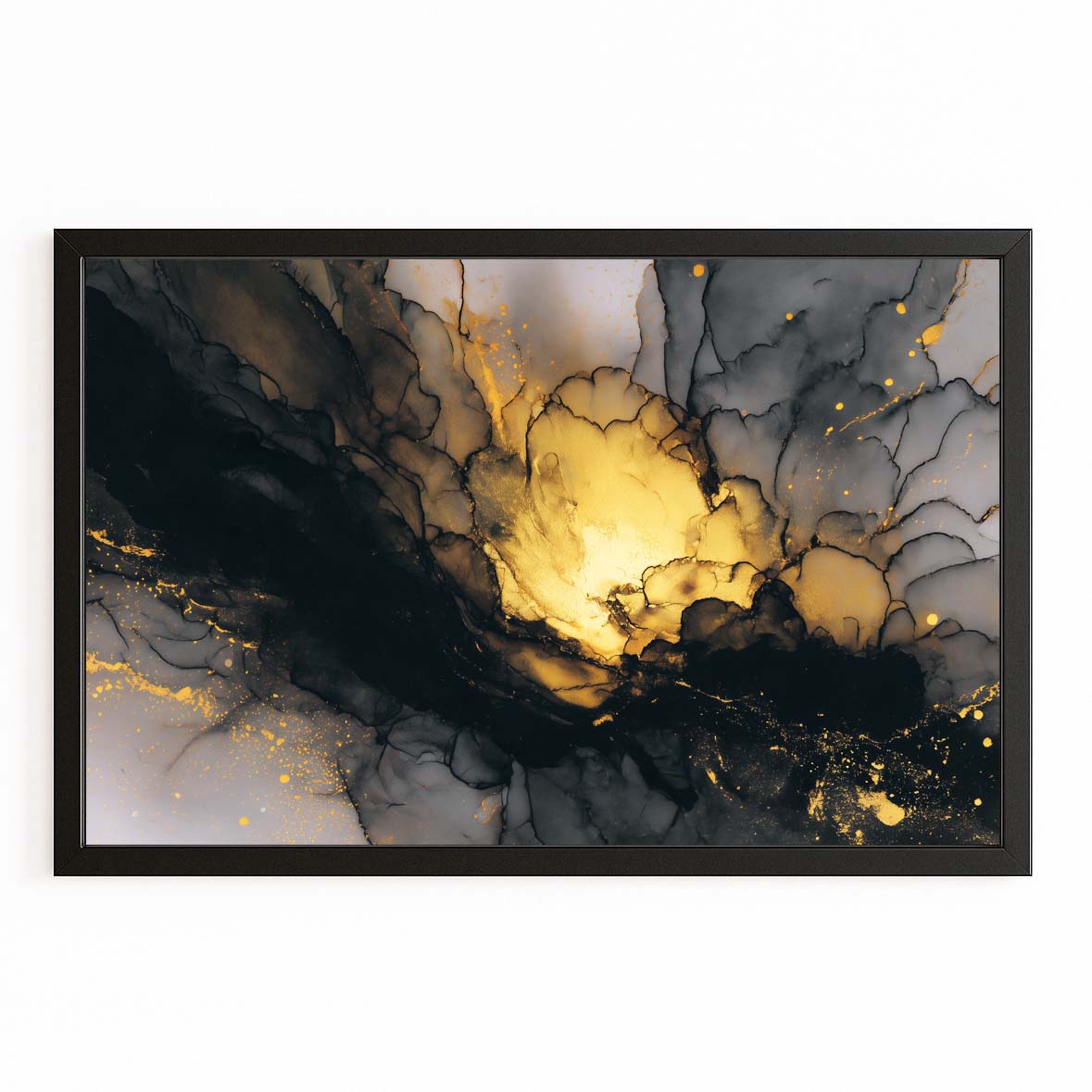 Ink Bloom Navy Gold Prints – with Premium Black frame on white background