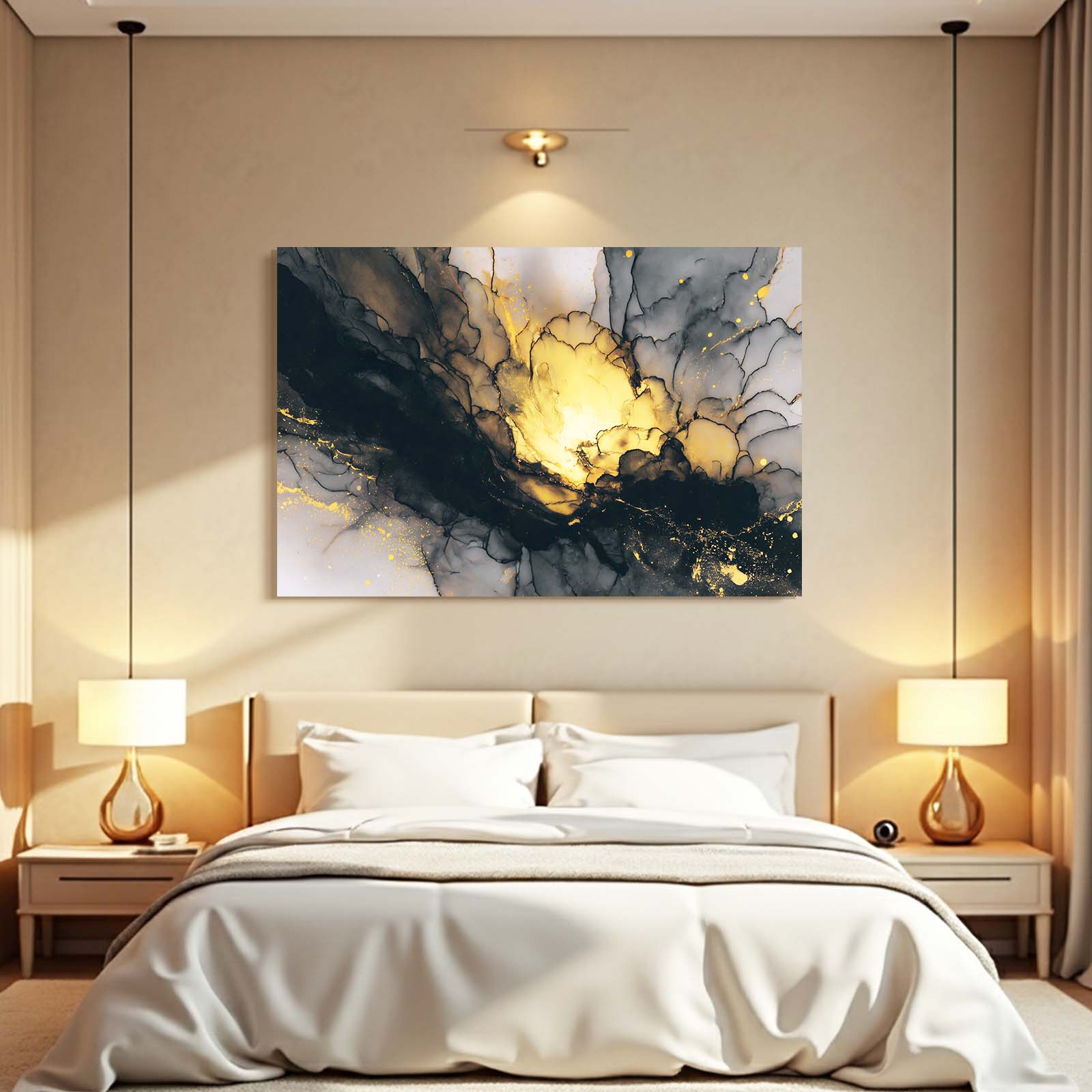 Ink Bloom Navy Gold Prints – styled in a furnished interior