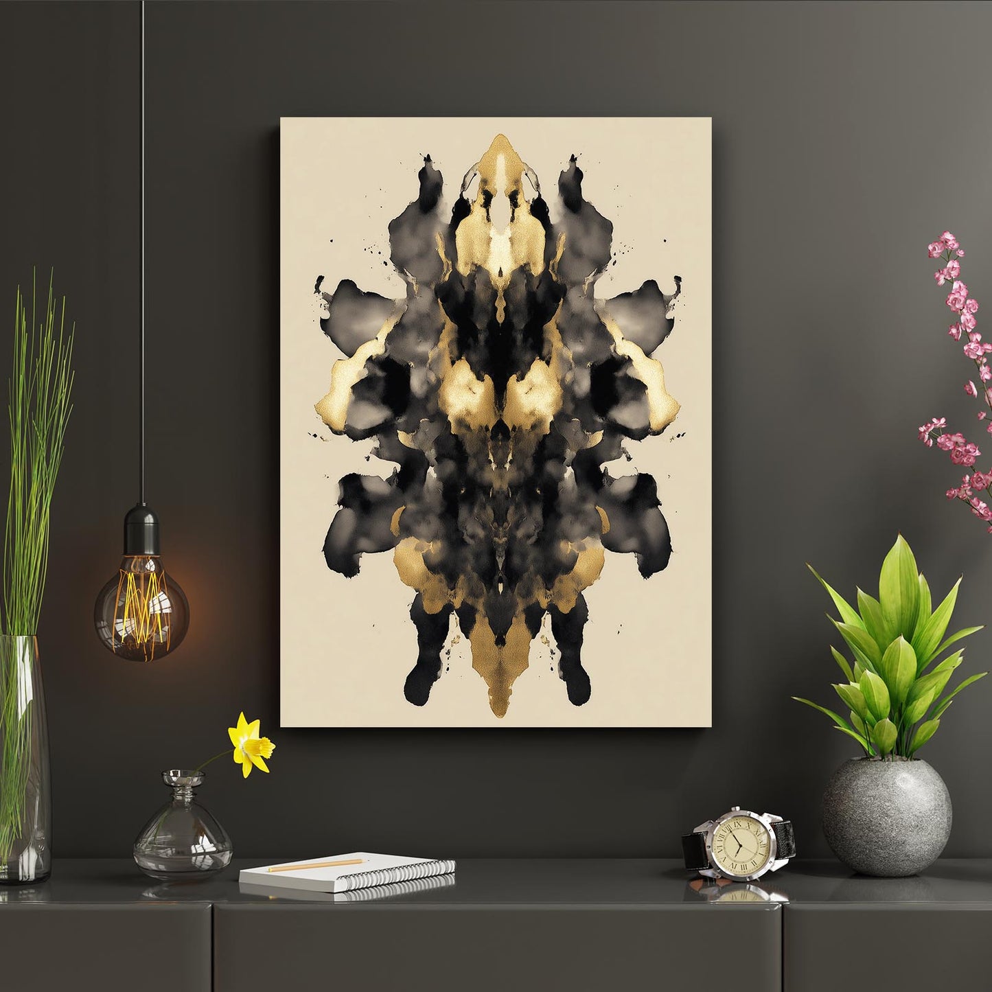 Ink Blot Mirror Gold Canvas Art – styled in a furnished interior