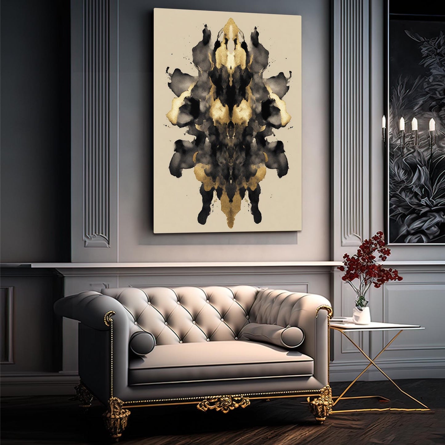 Ink Blot Mirror Gold Canvas Art – styled in a furnished interior