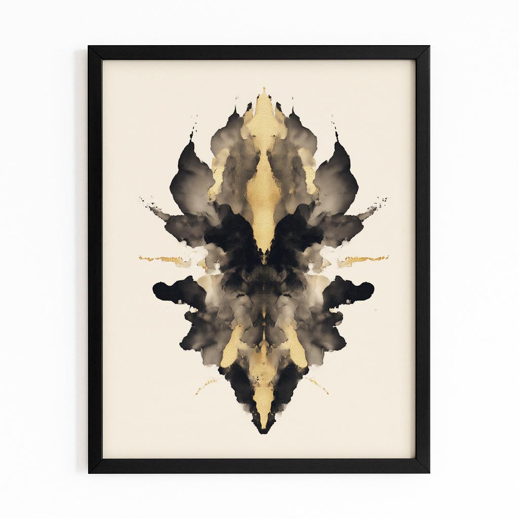 Ink Blot Totem Gold Wall Art – with Premium Black frame on white background