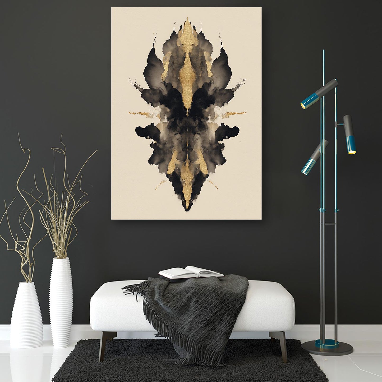 Ink Blot Totem Gold Wall Art – styled in a furnished interior