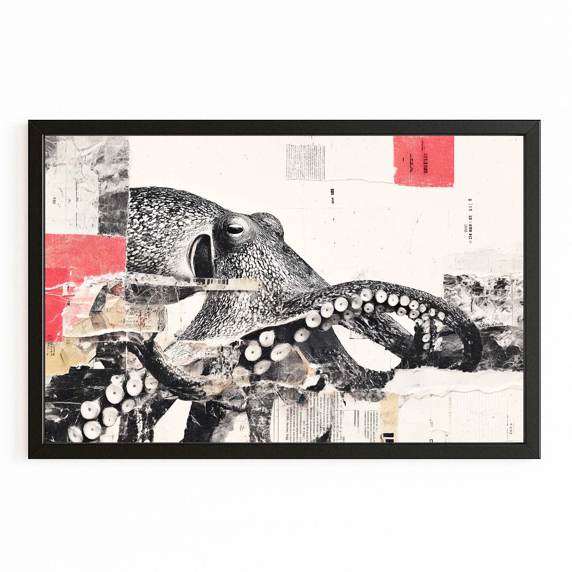 Ink Collage Red Stamp Octopus Wall Decor – with Premium Black frame on white background