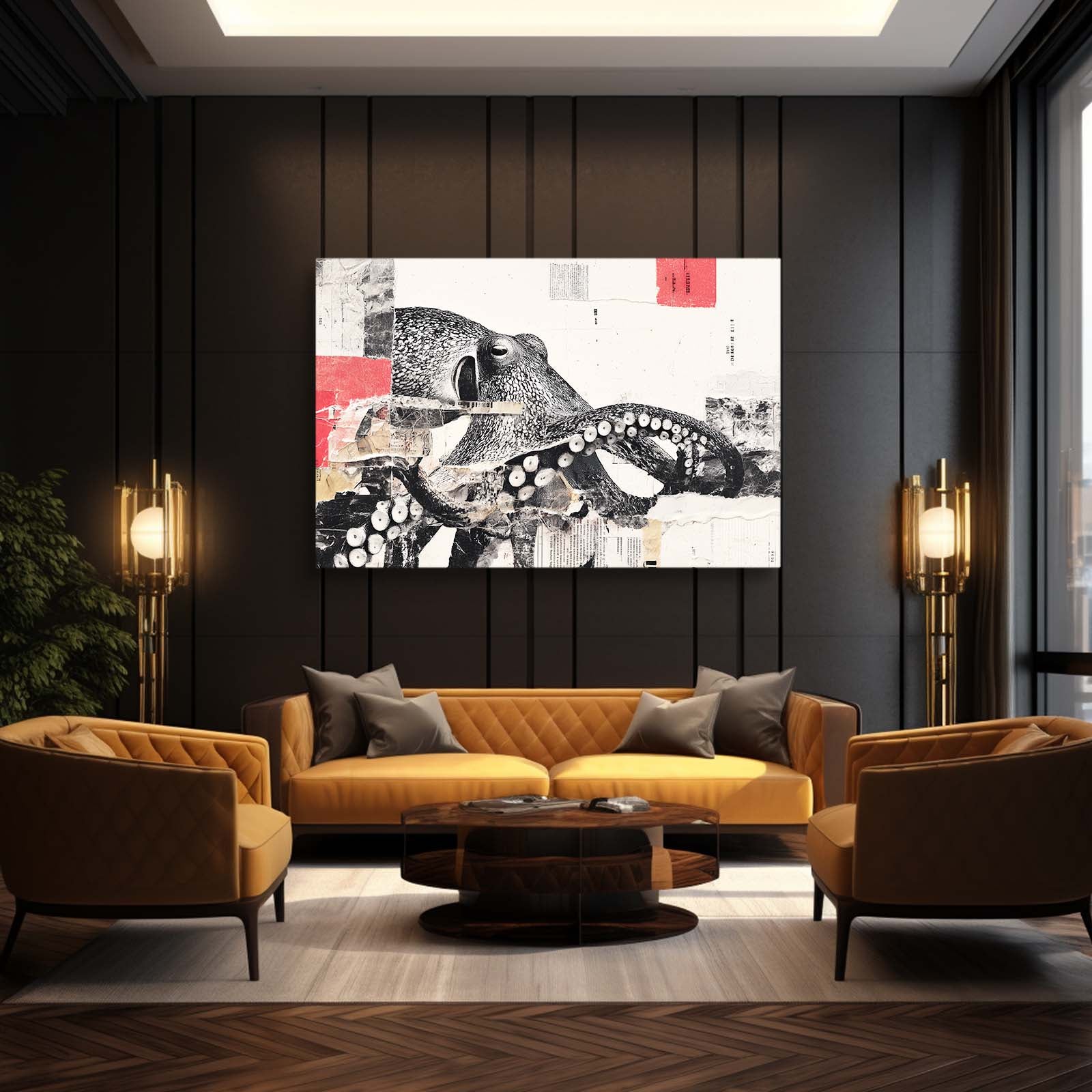 Ink Collage Red Stamp Octopus Wall Decor – styled in a furnished interior