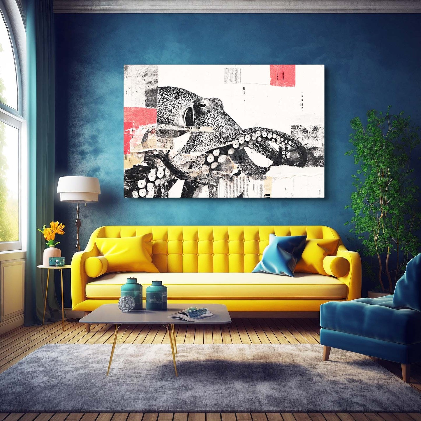Ink Collage Red Stamp Octopus Wall Decor – styled in a furnished interior