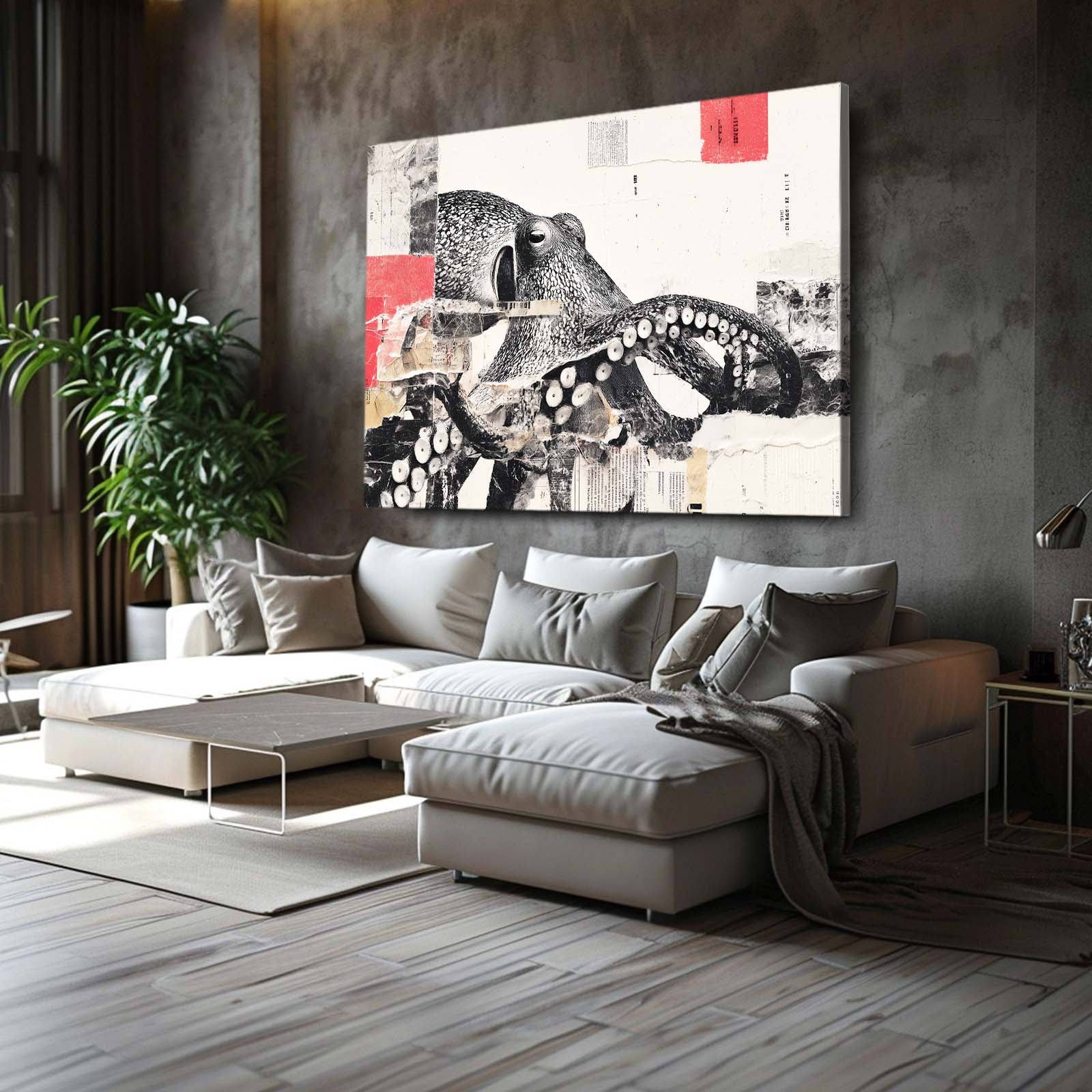 Ink Collage Red Stamp Octopus Wall Decor – styled in a furnished interior