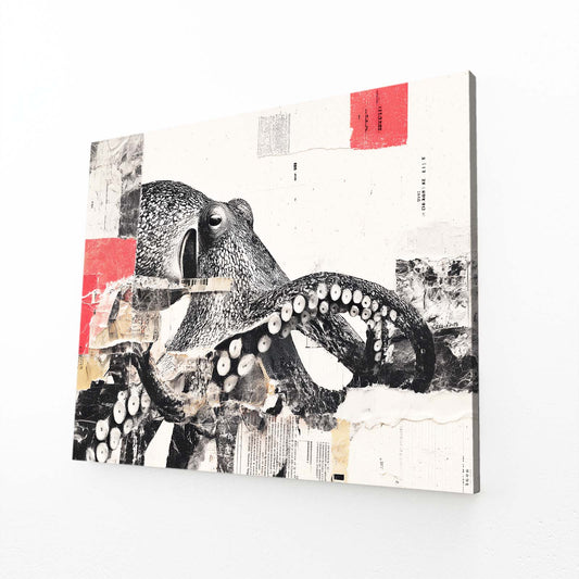 Ink Collage Red Stamp Octopus Wall Decor – canvas print on white background