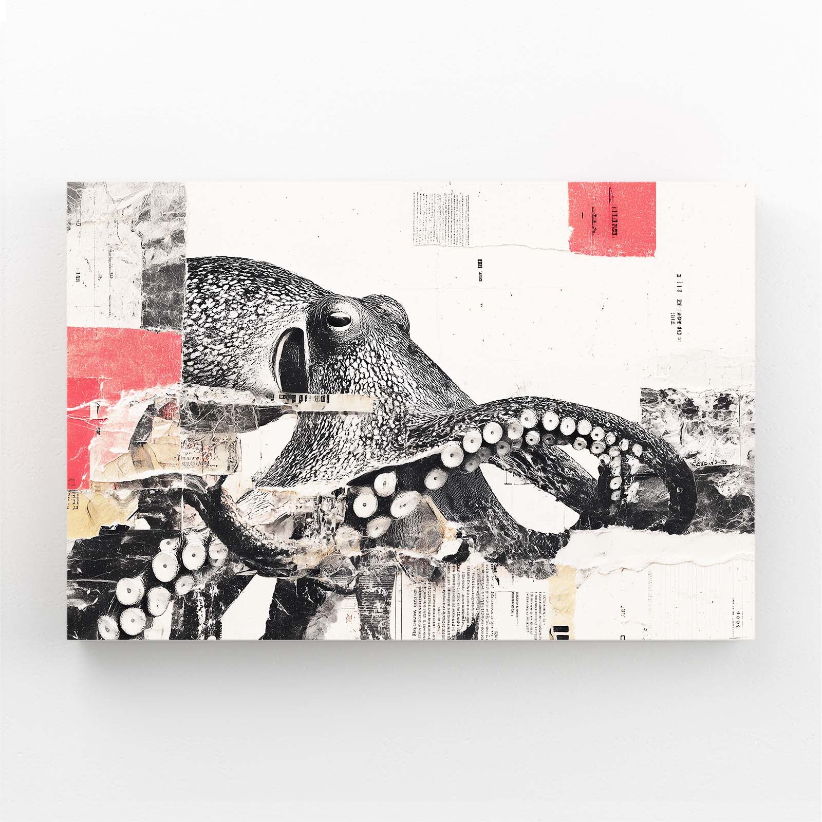 Ink Collage Red Stamp Octopus Wall Decor – angled canvas view on white background