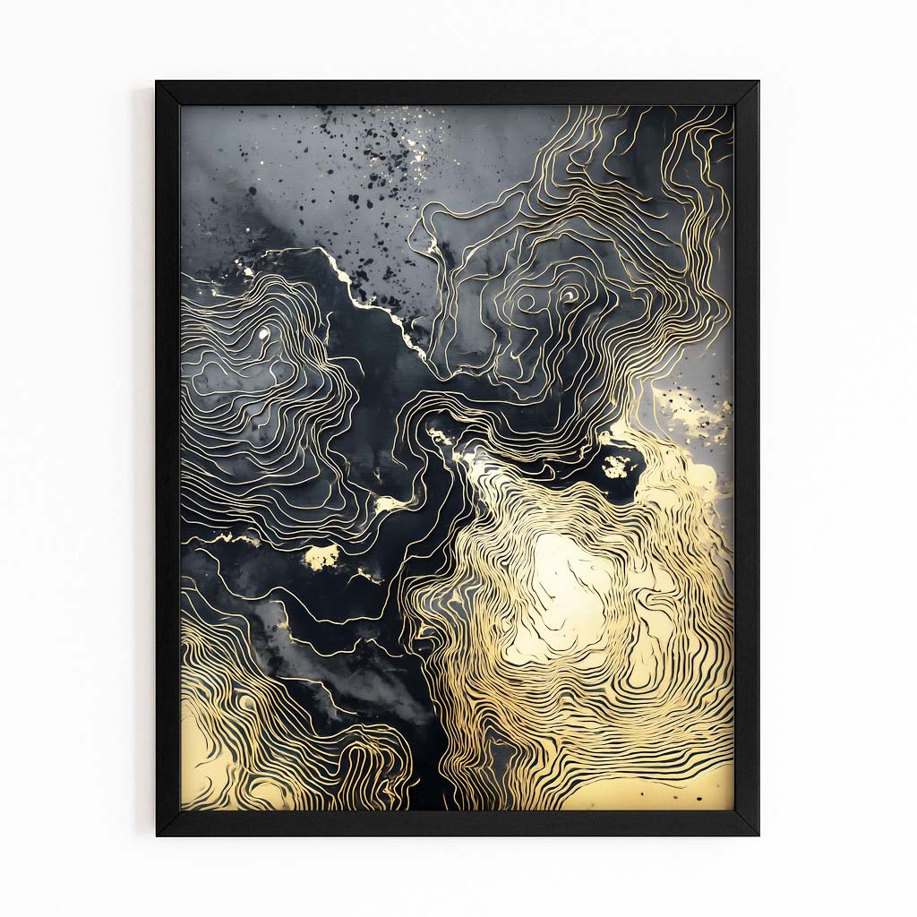 Ink Contour Map Gold Prints – with Premium Black frame on white background
