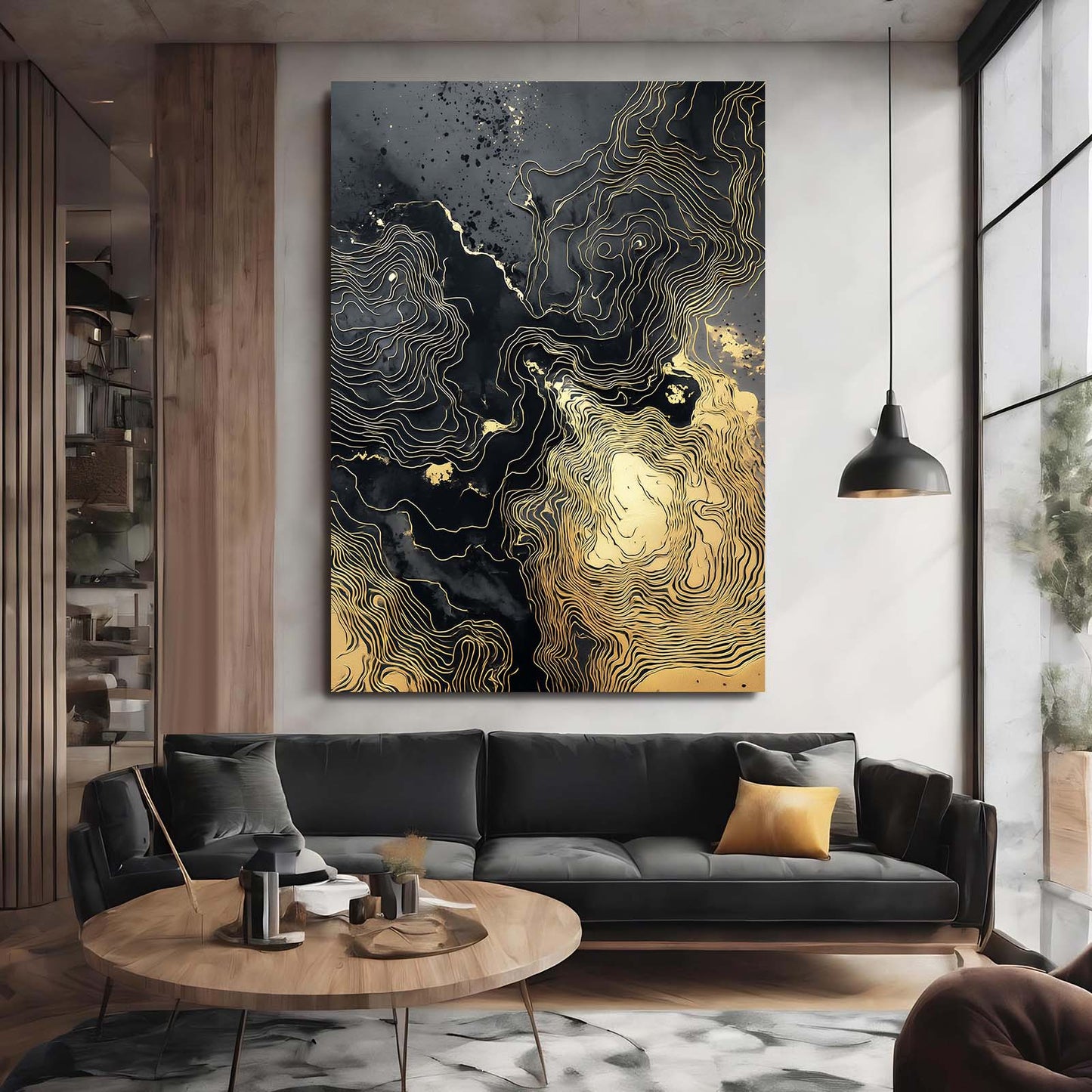 Ink Contour Map Gold Prints – styled in a furnished interior