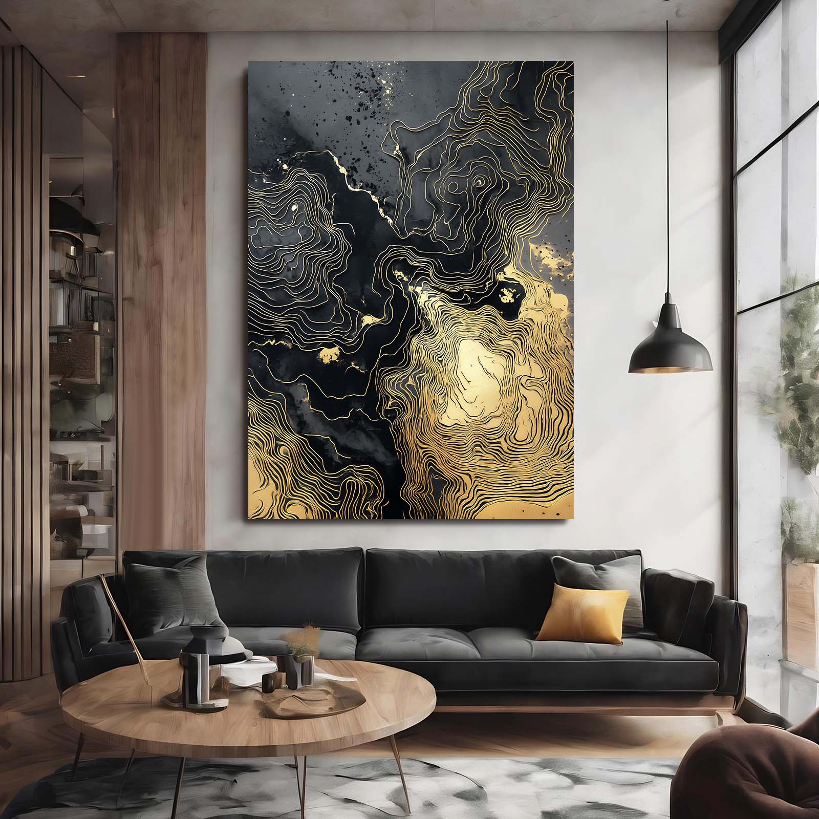 Ink Contour Map Gold Prints – styled in a furnished interior
