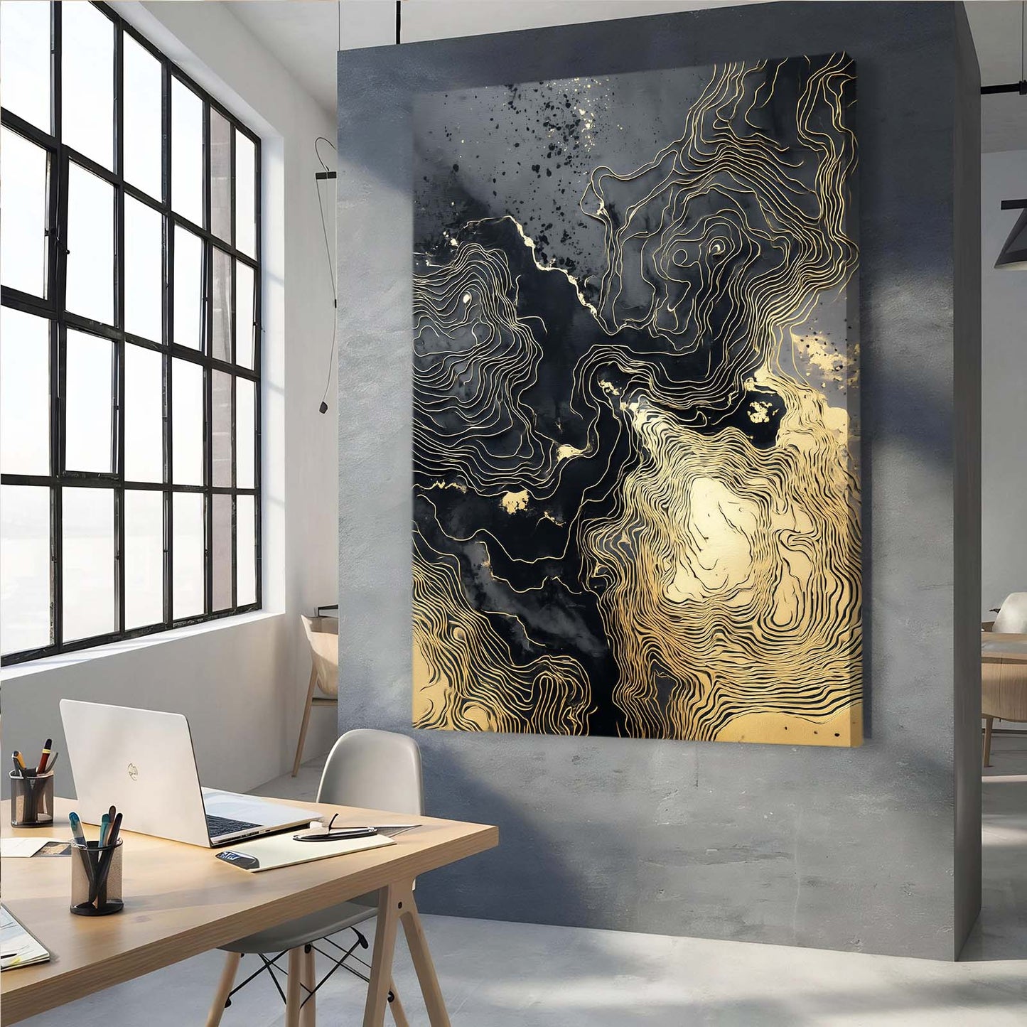 Ink Contour Map Gold Prints – styled in a furnished interior