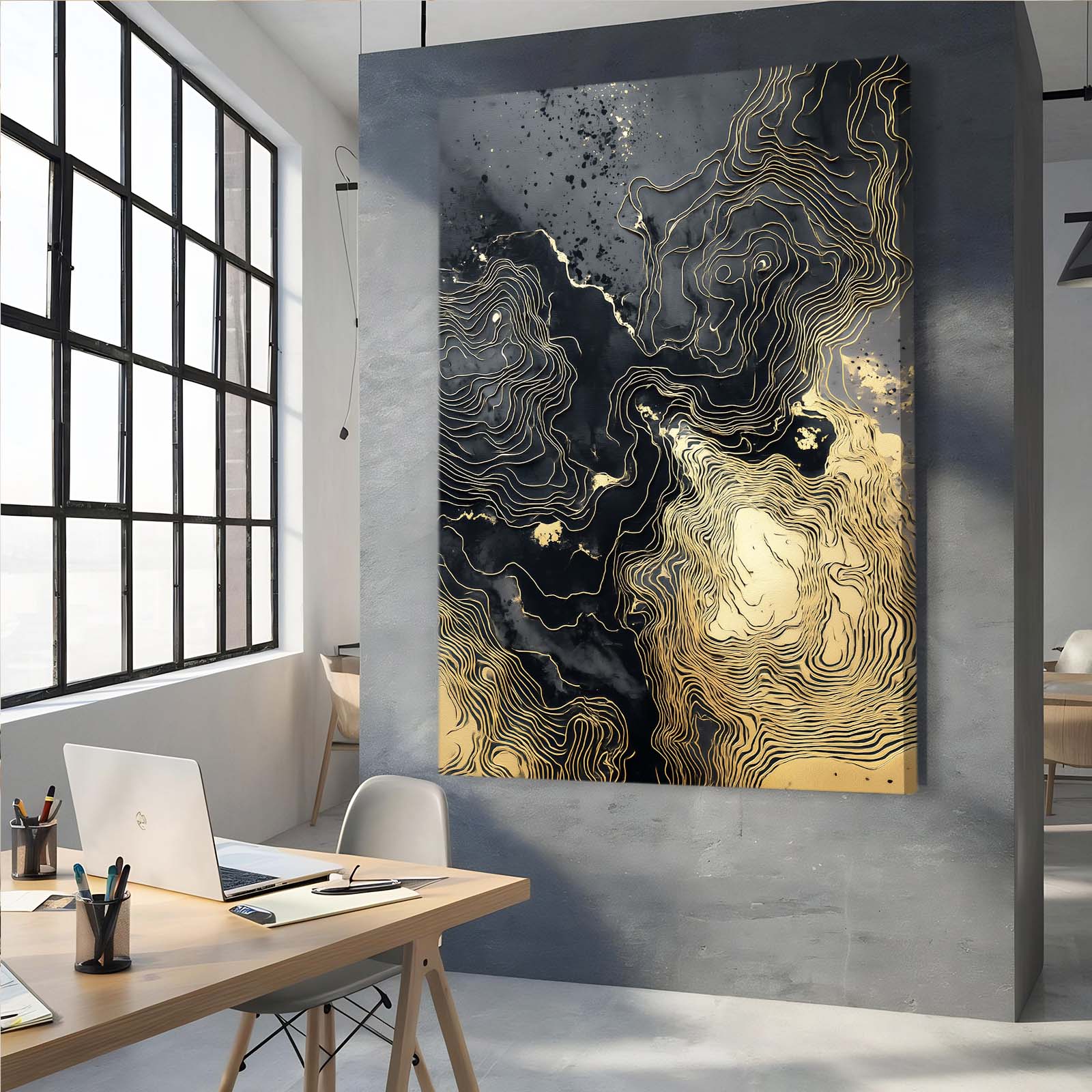 Ink Contour Map Gold Prints – styled in a furnished interior