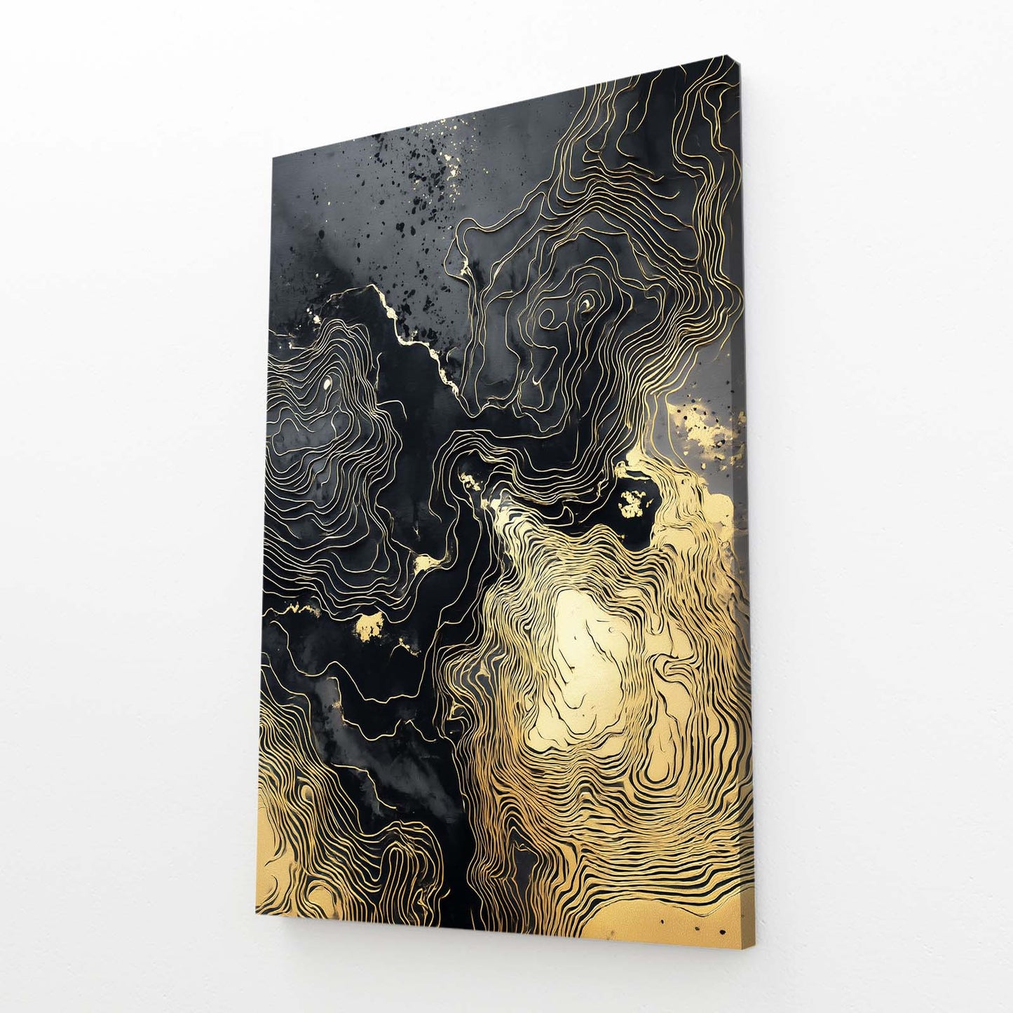Ink Contour Map Gold Prints – angled canvas view on white background