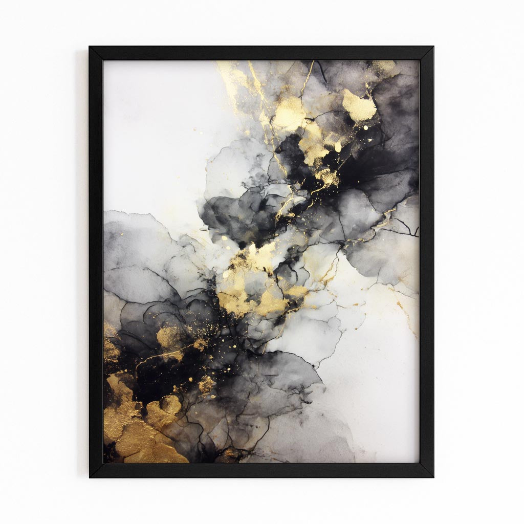 Ink Flow Marble Gold Art – with Premium Black frame on white background