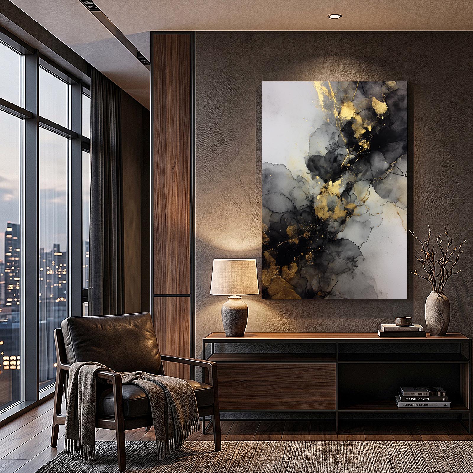 Ink Flow Marble Gold Art – styled in a furnished interior