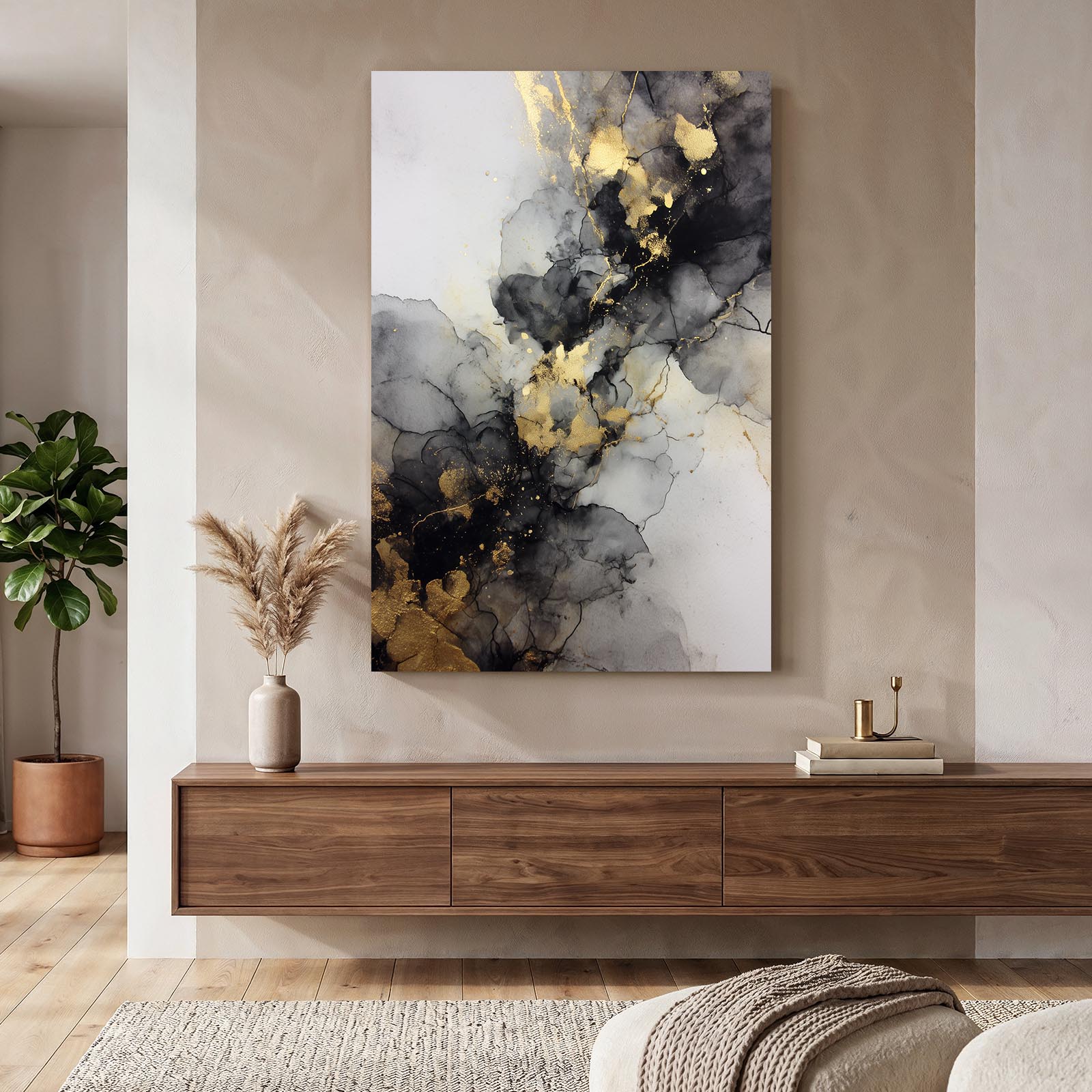 Ink Flow Marble Gold Art – styled in a furnished interior