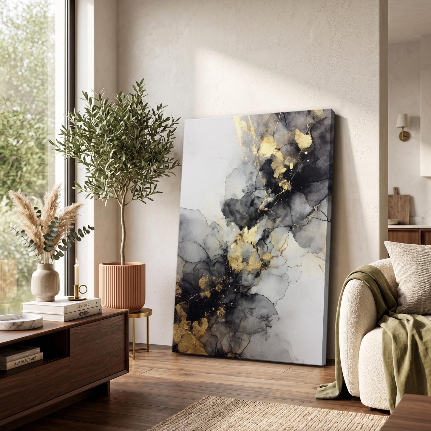 Ink Flow Marble Gold Art – styled in a furnished interior
