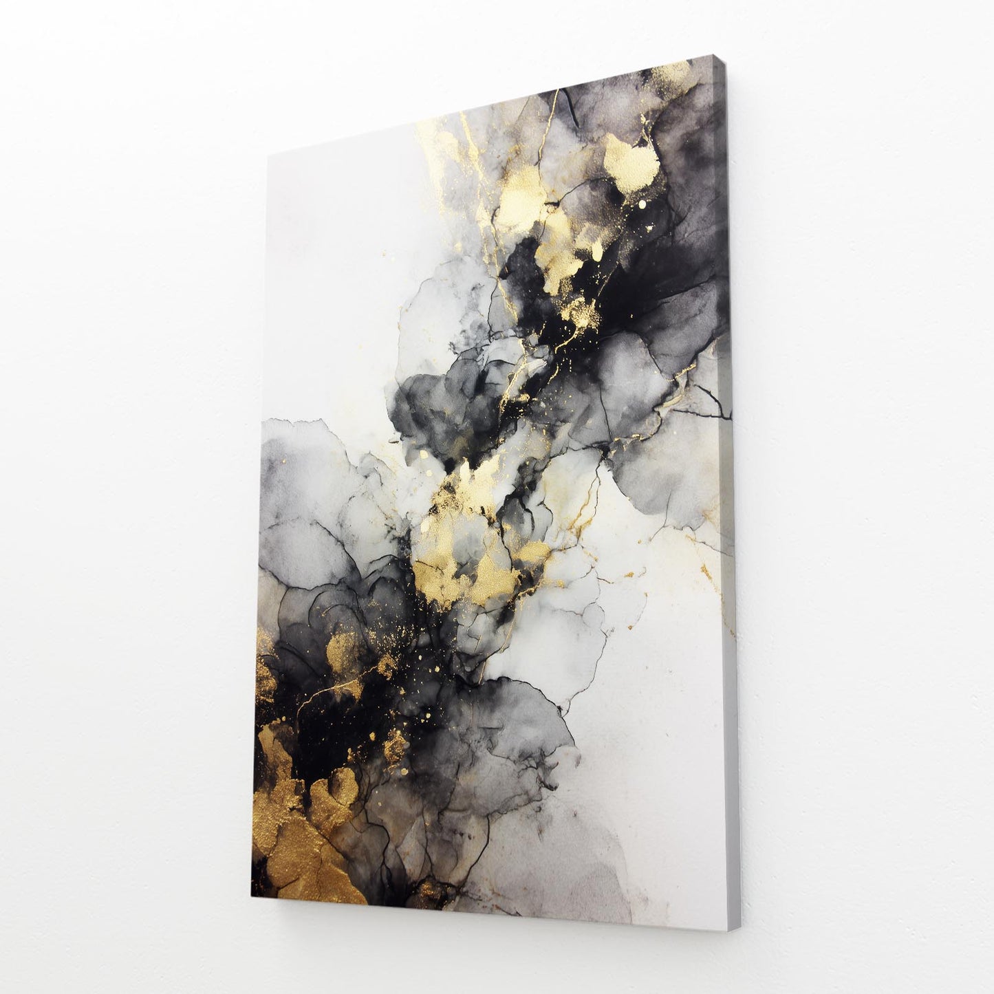Ink Flow Marble Gold Art – angled canvas view on white background