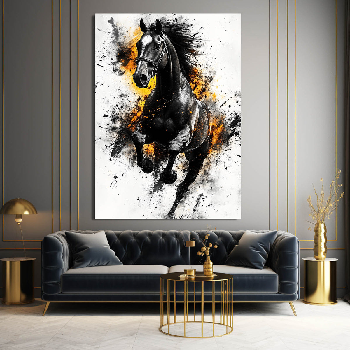 Ink Gold Gallop Horse Wall Decor — abstract canvas print, styled in a furnished interior