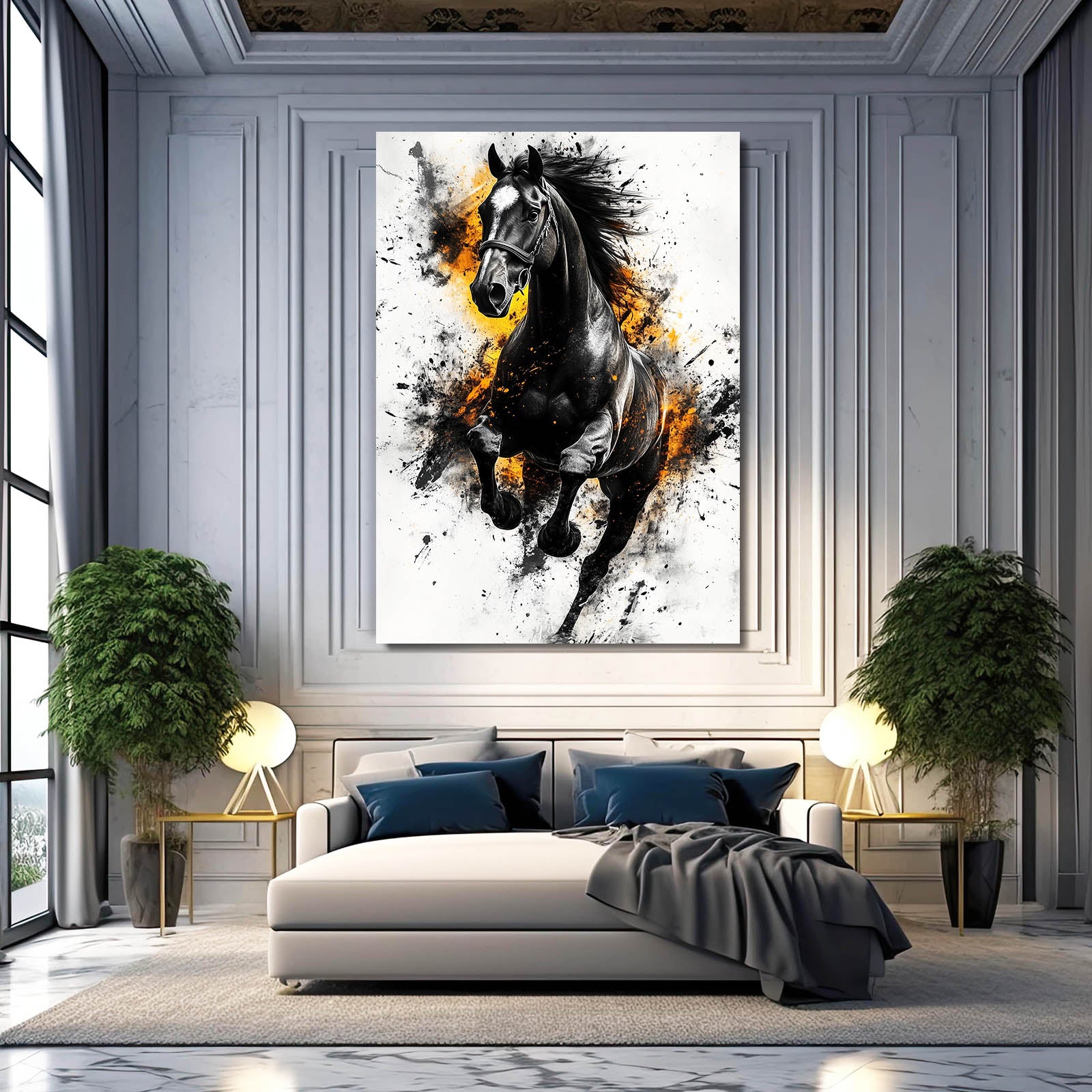 Ink Gold Gallop Horse Wall Decor — abstract canvas print, styled in a furnished interior