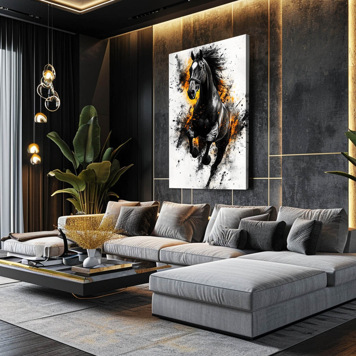 Ink Gold Gallop Horse Wall Decor — abstract canvas print, styled in a furnished interior