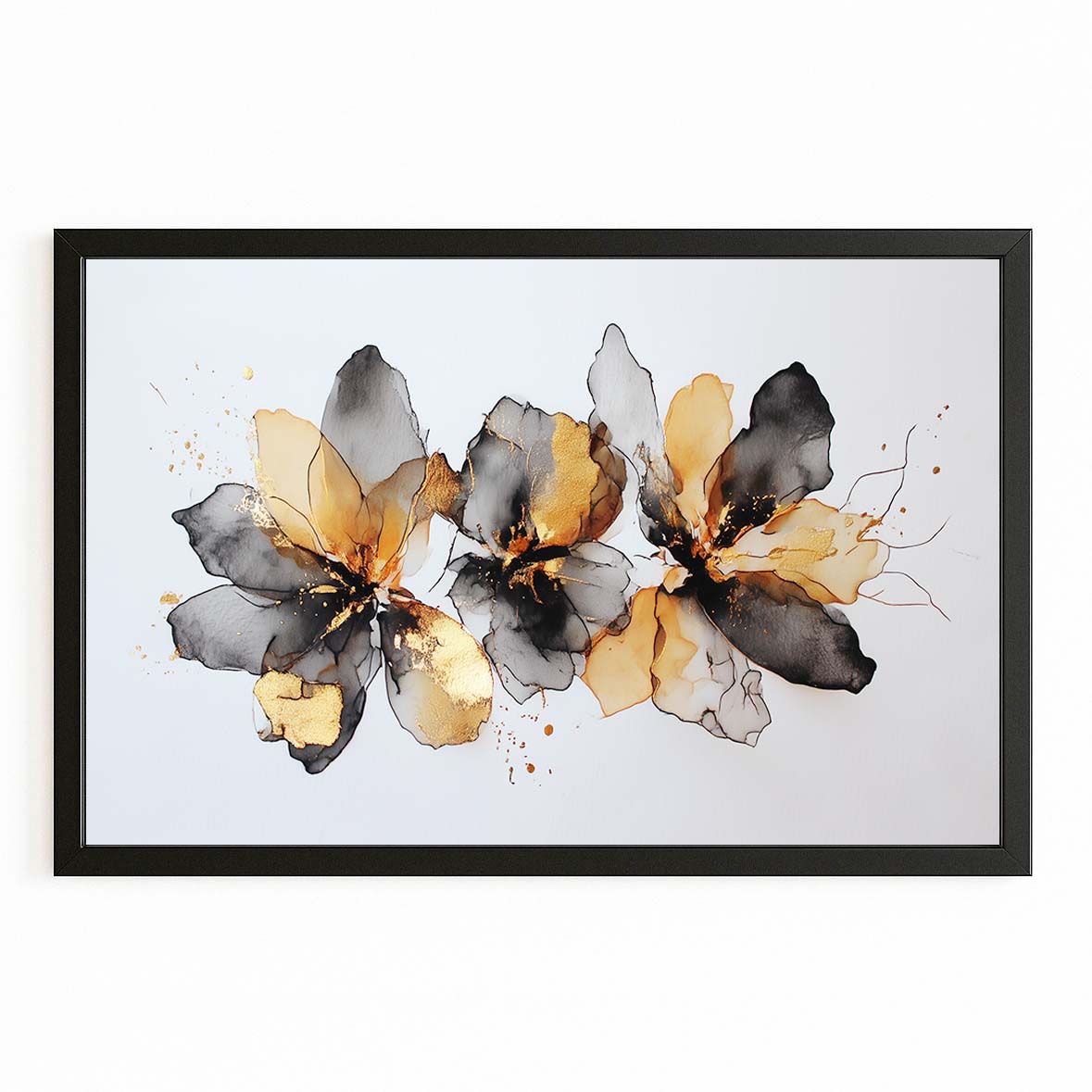 Ink Petal Cluster Gold Wall Art – with Premium Black frame on white background