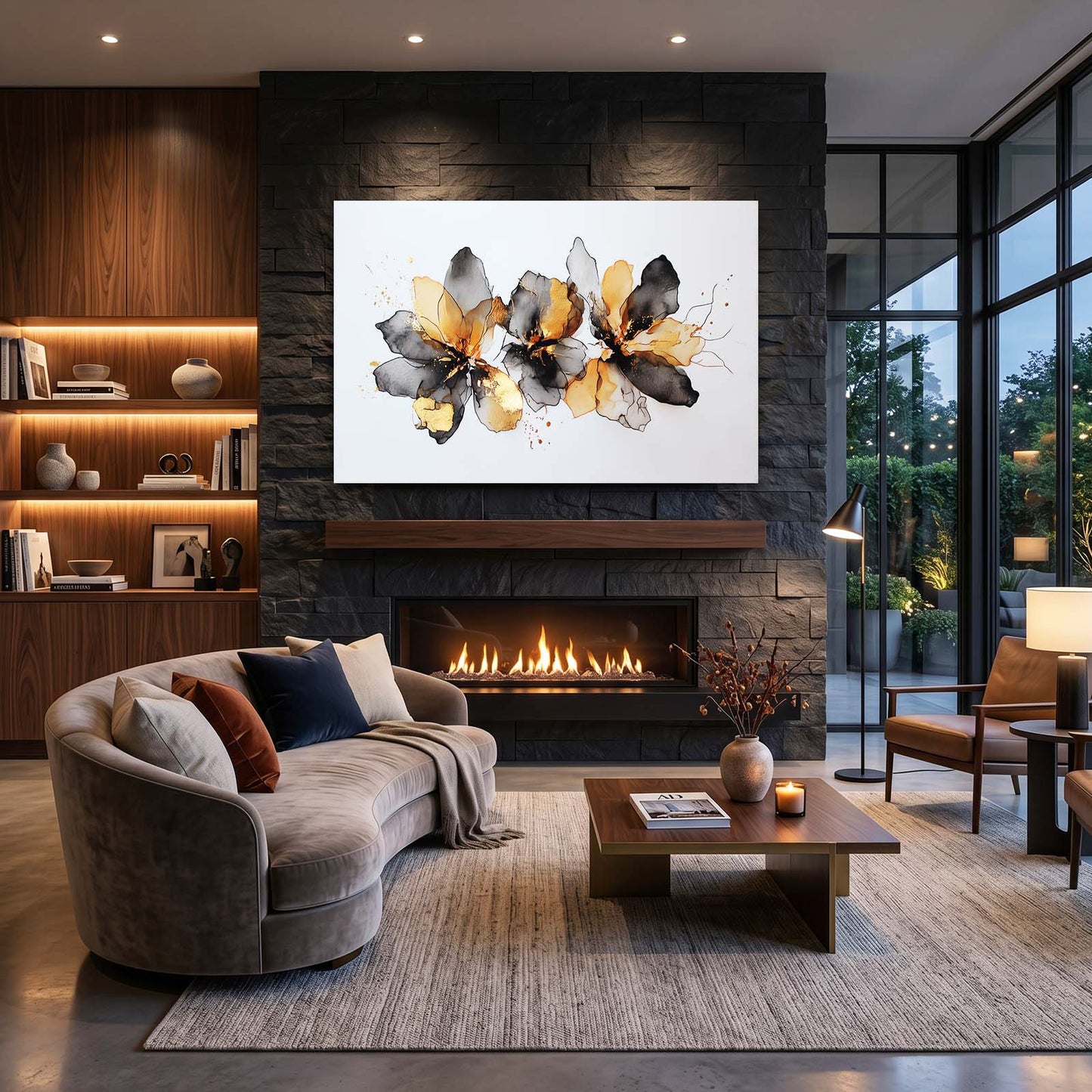 Ink Petal Cluster Gold Wall Art – styled in a furnished interior