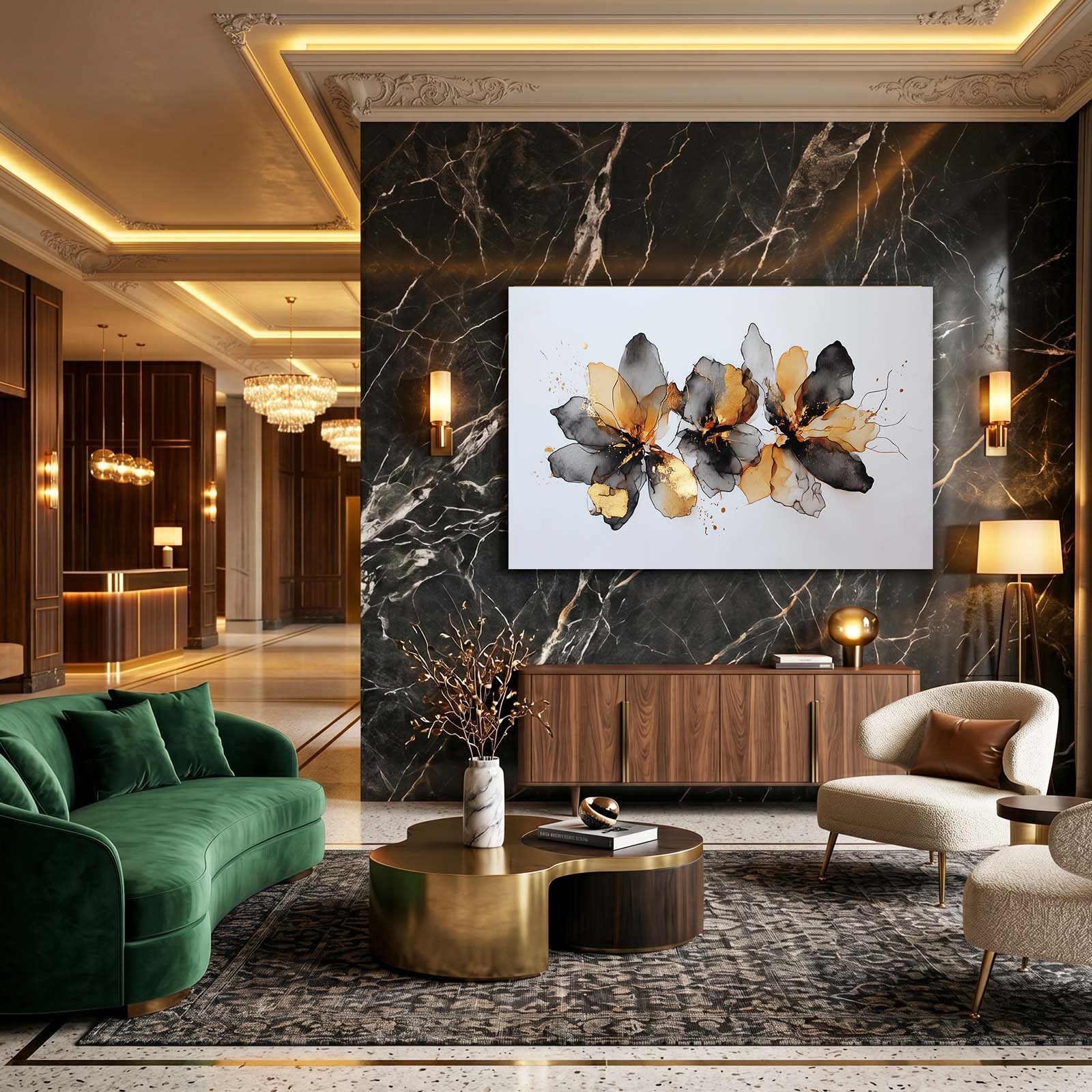 Ink Petal Cluster Gold Wall Art – styled in a furnished interior