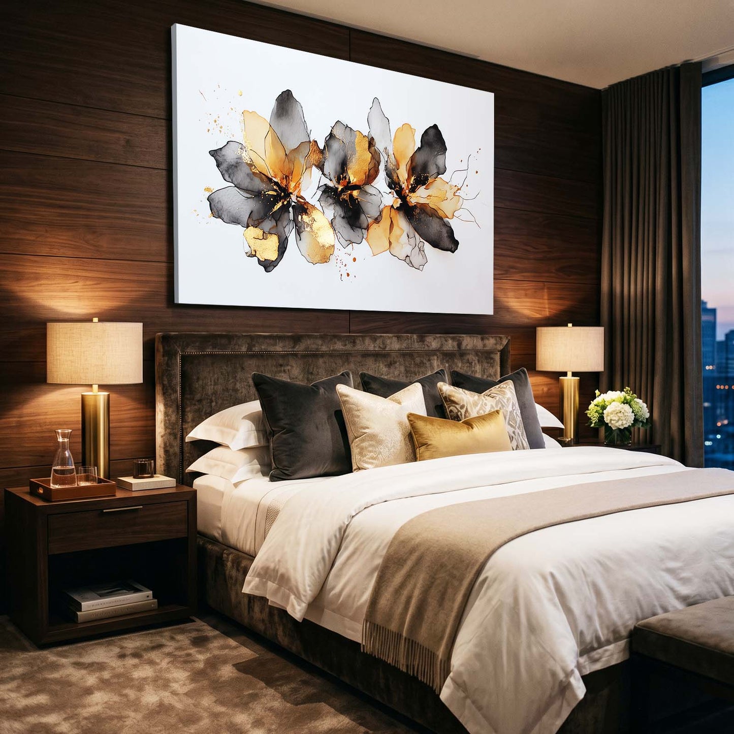 Ink Petal Cluster Gold Wall Art – styled in a furnished interior