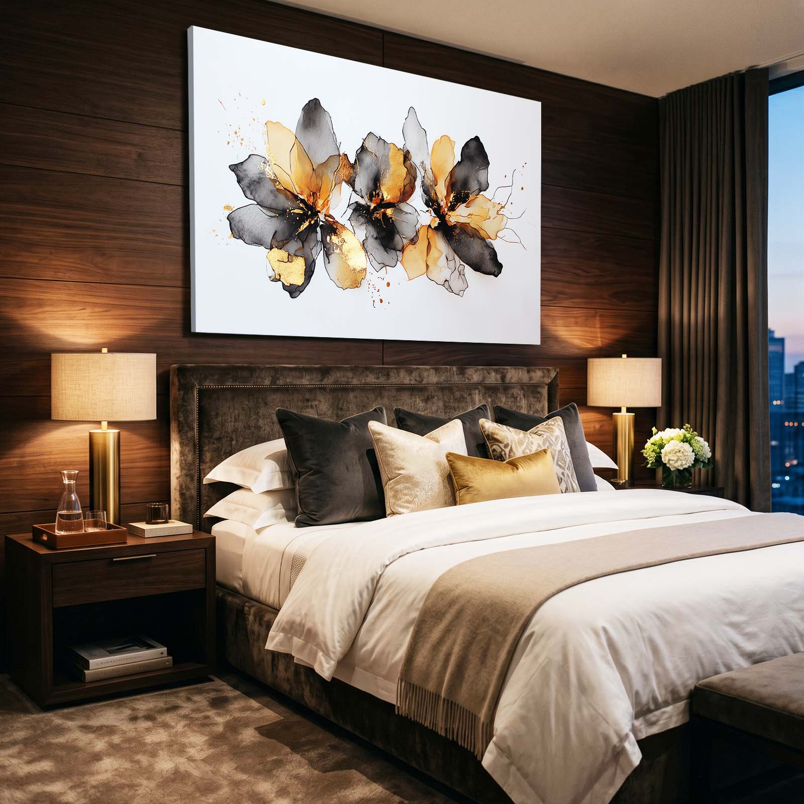 Ink Petal Cluster Gold Wall Art – styled in a furnished interior