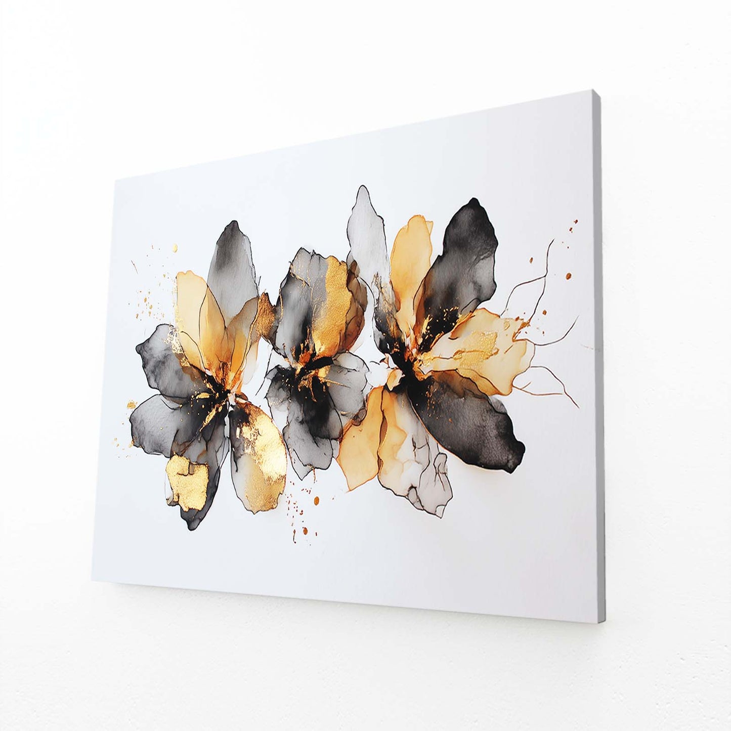 Ink Petal Cluster Gold Wall Art – angled canvas view on white background