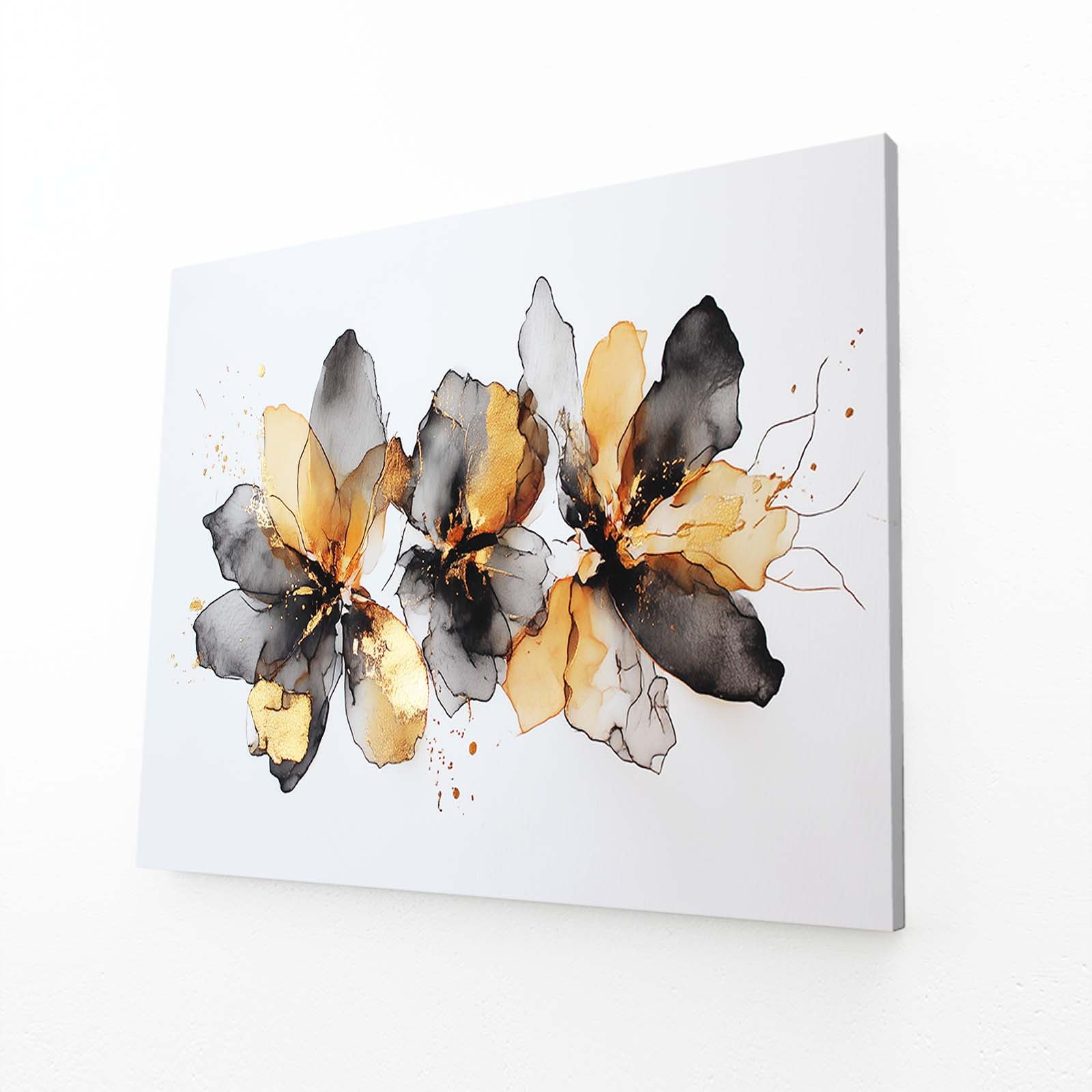 Ink Petal Cluster Gold Wall Art – angled canvas view on white background