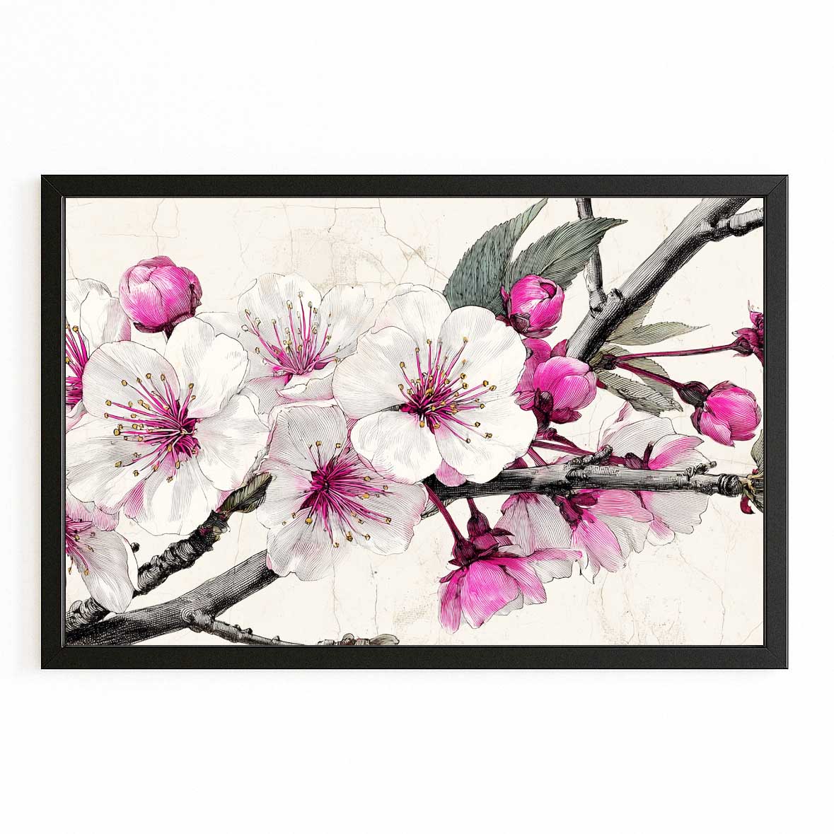 Ink Petal Sprig Cherry Blossom Art – with Premium Black frame on white background