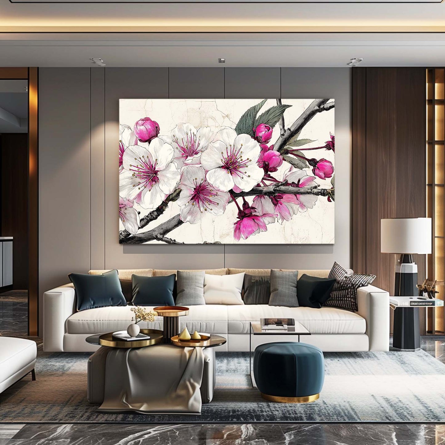 Ink Petal Sprig Cherry Blossom Art – styled in a furnished interior