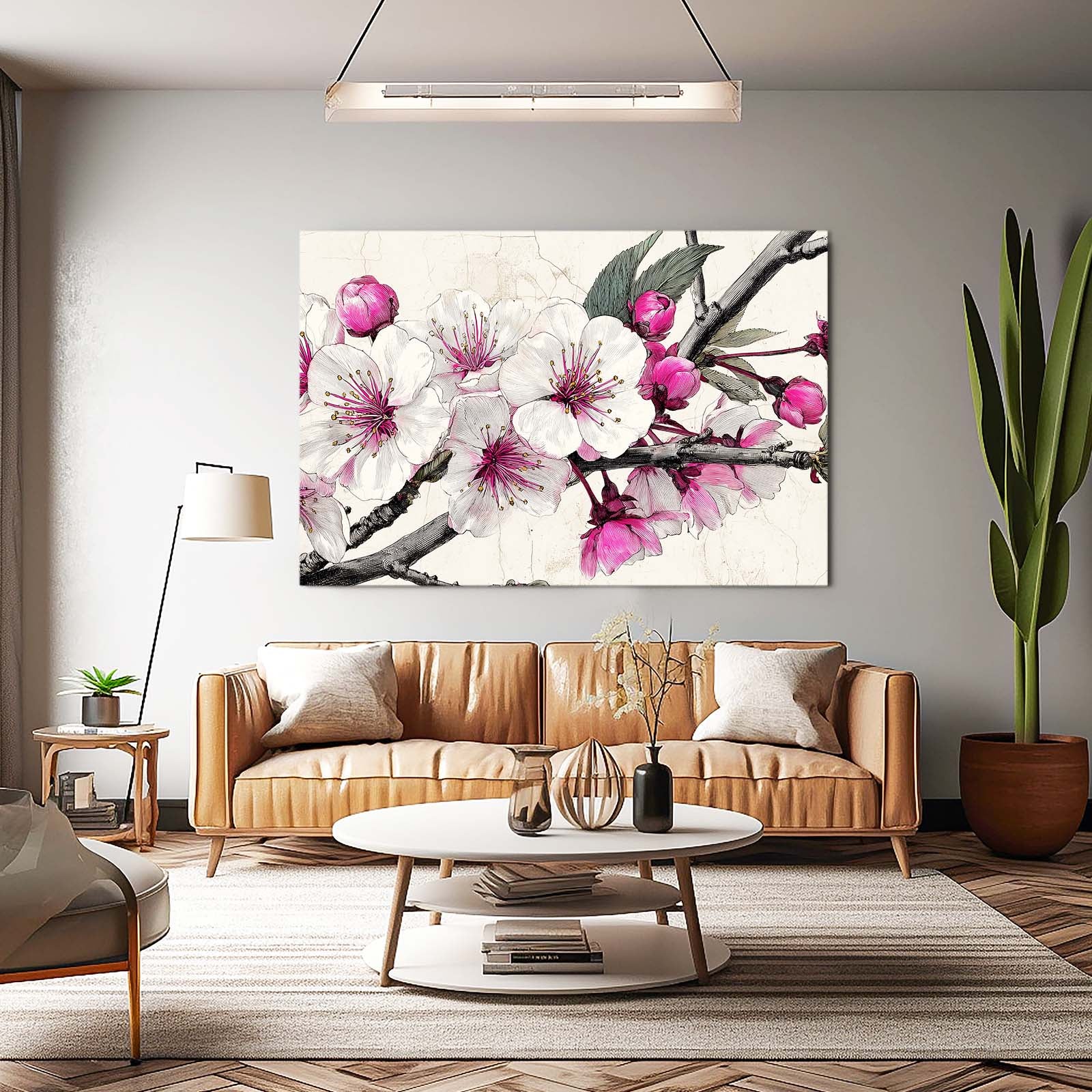 Ink Petal Sprig Cherry Blossom Art – styled in a furnished interior