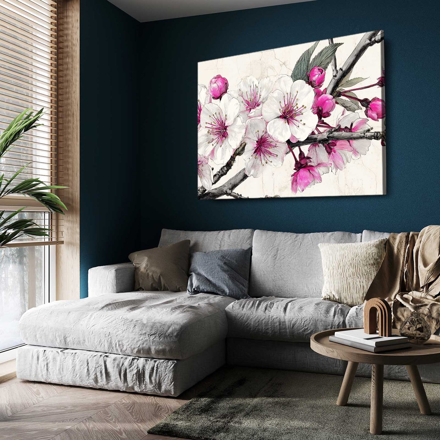 Ink Petal Sprig Cherry Blossom Art – styled in a furnished interior