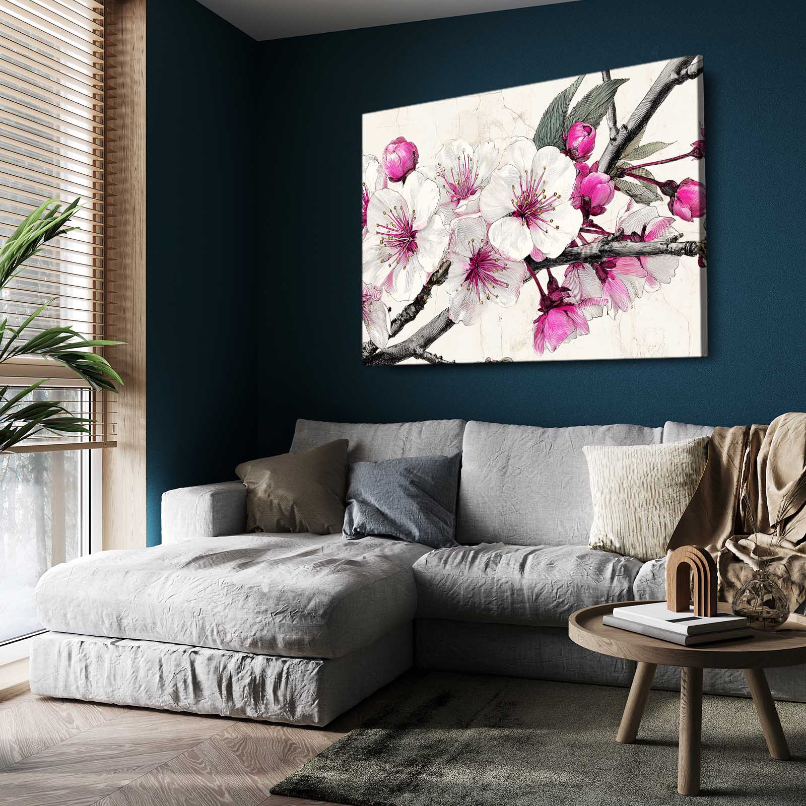 Ink Petal Sprig Cherry Blossom Art – styled in a furnished interior