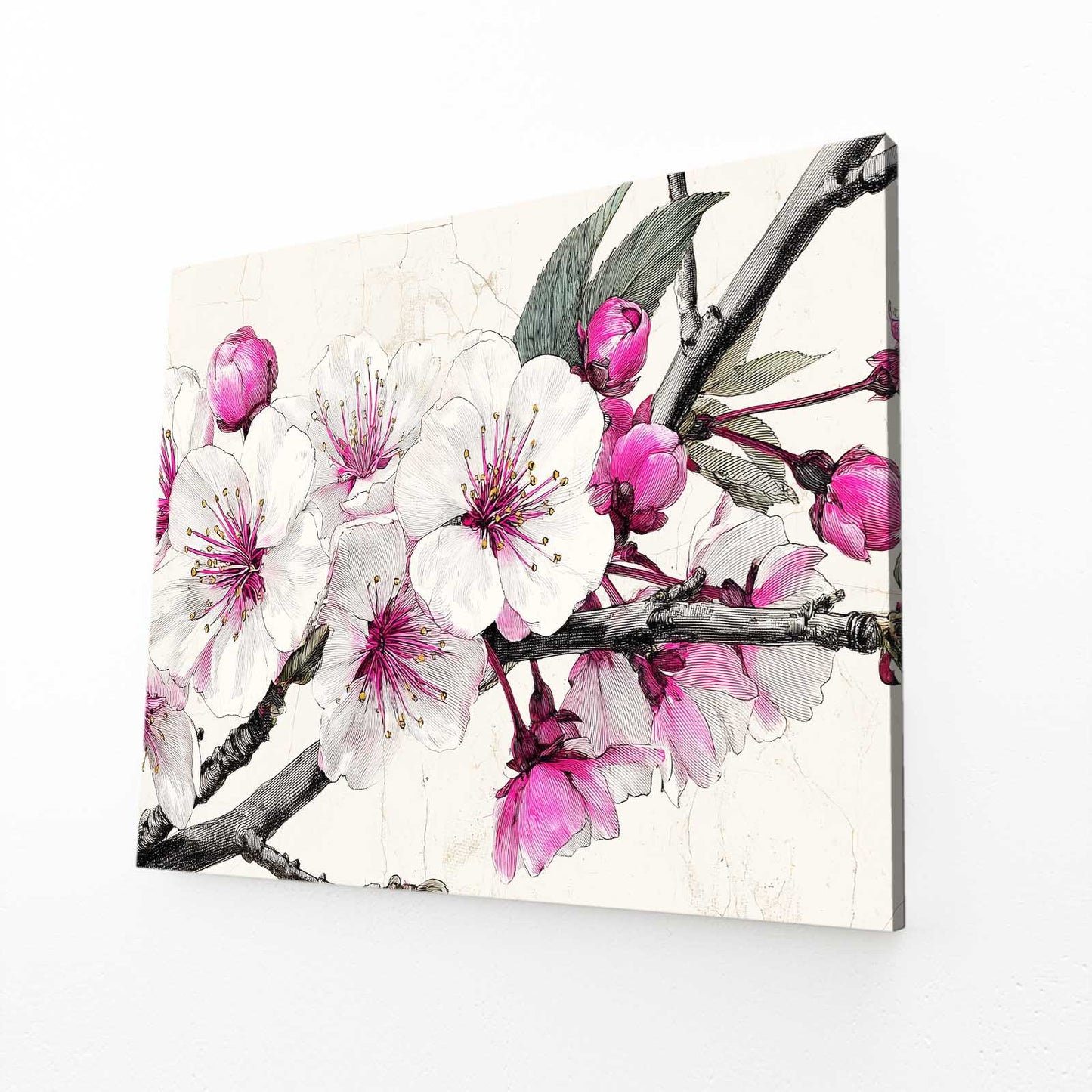 Ink Petal Sprig Cherry Blossom Art – angled canvas view on white background