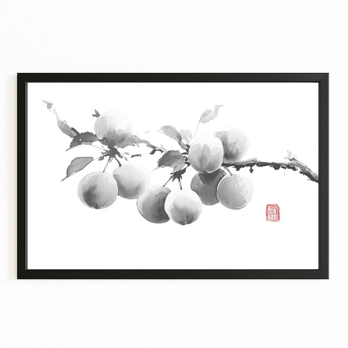Ink Plum Branch Fruit Prints – with Premium Black frame on white background