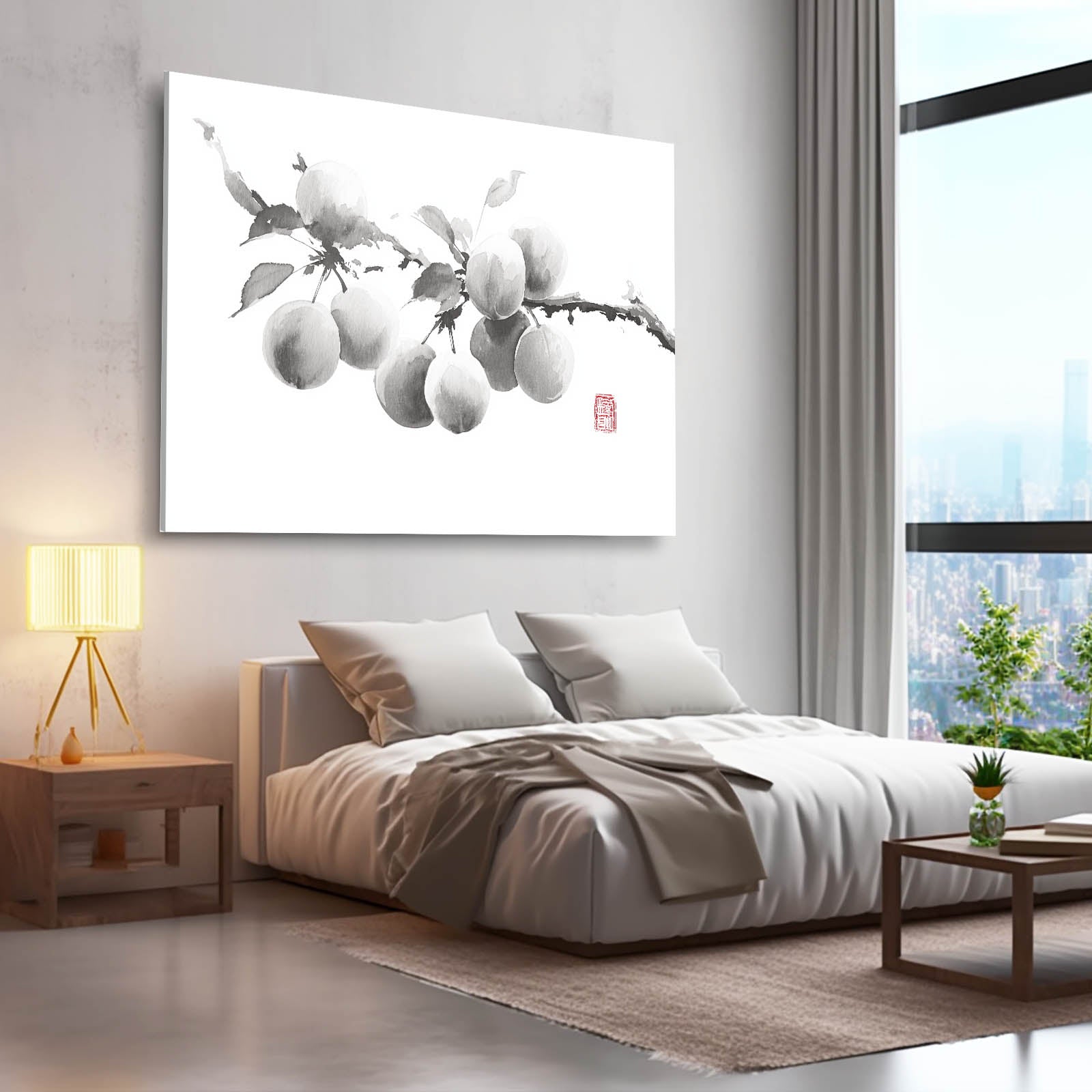 Ink Plum Branch Fruit Prints – styled in a furnished interior