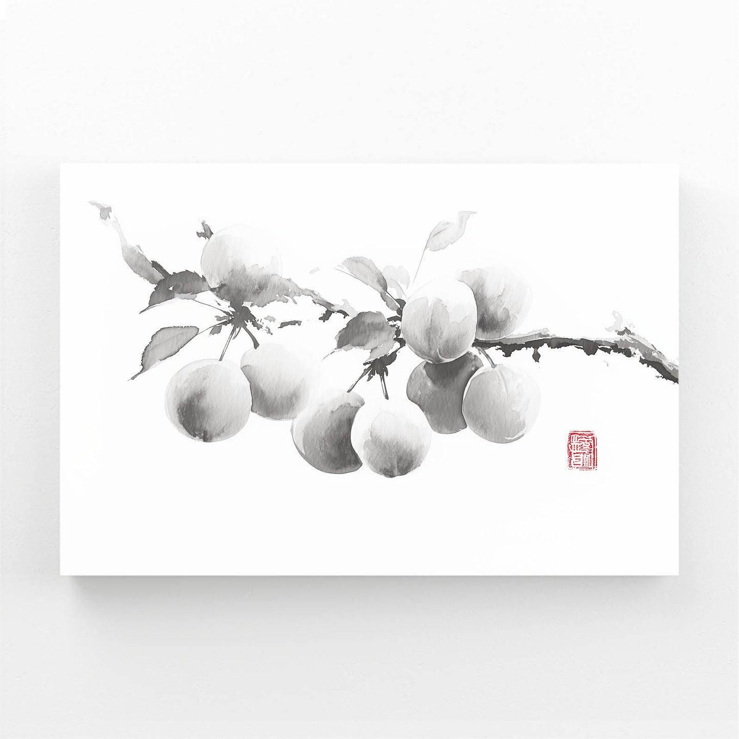 Ink Plum Branch Fruit Prints – angled canvas view on white background