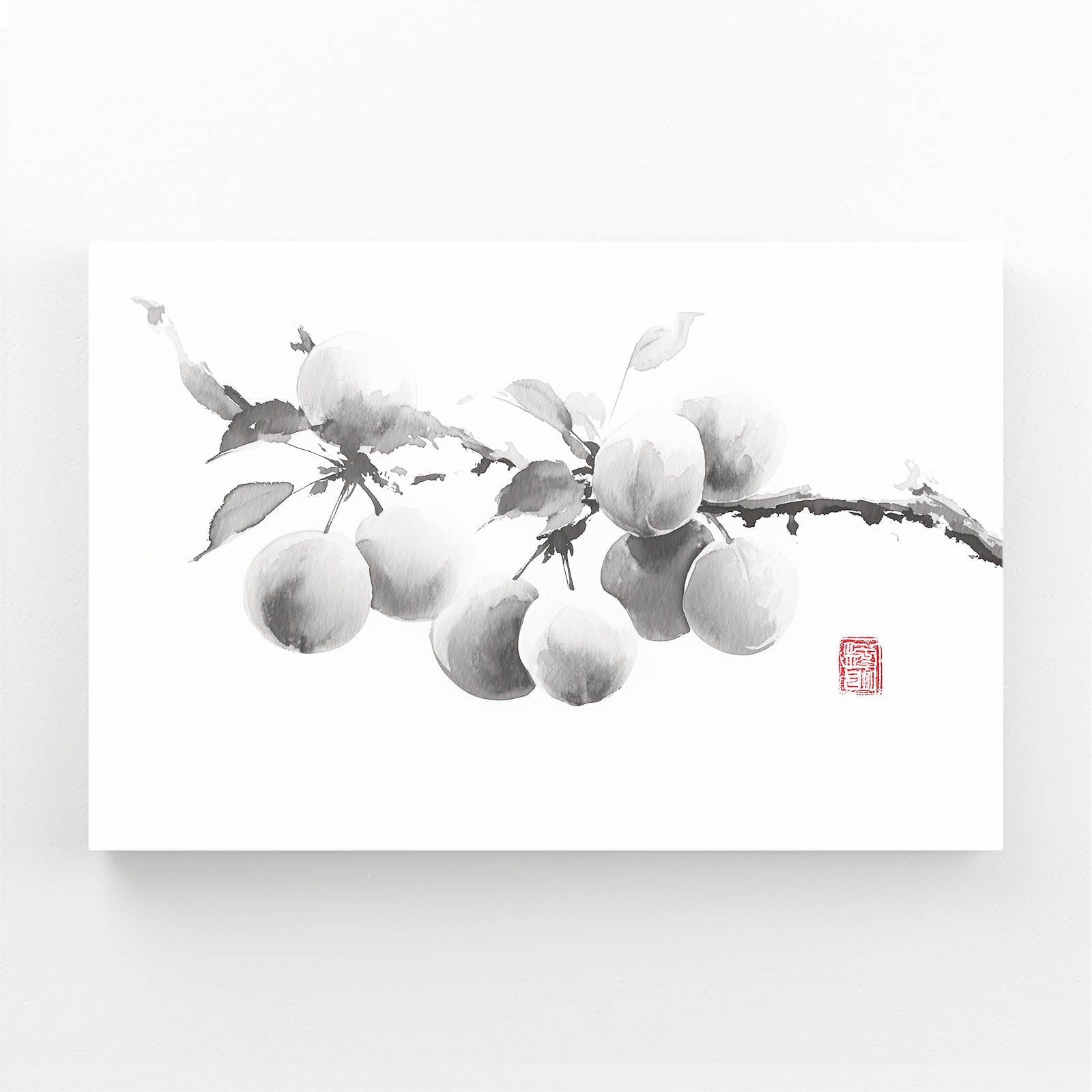 Ink Plum Branch Fruit Prints – angled canvas view on white background