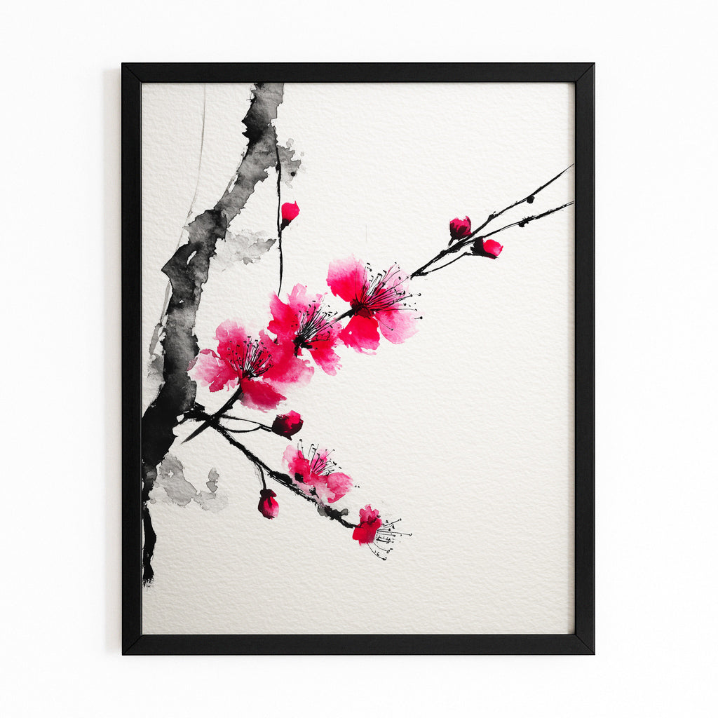 Ink Plum Sprig Cherry Blossom Canvas – with Premium Black frame on white background